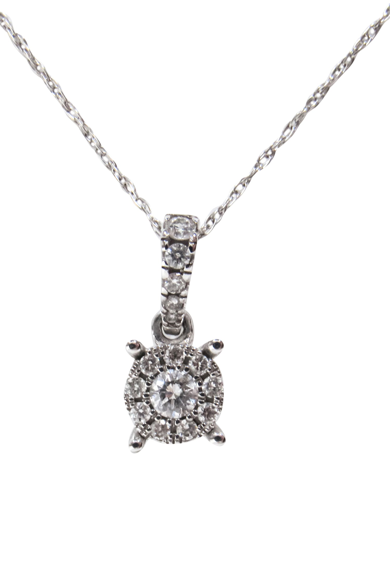 No Label - Exquisite 14K White Gold Chain with Halo Diamond Pendant Necklace