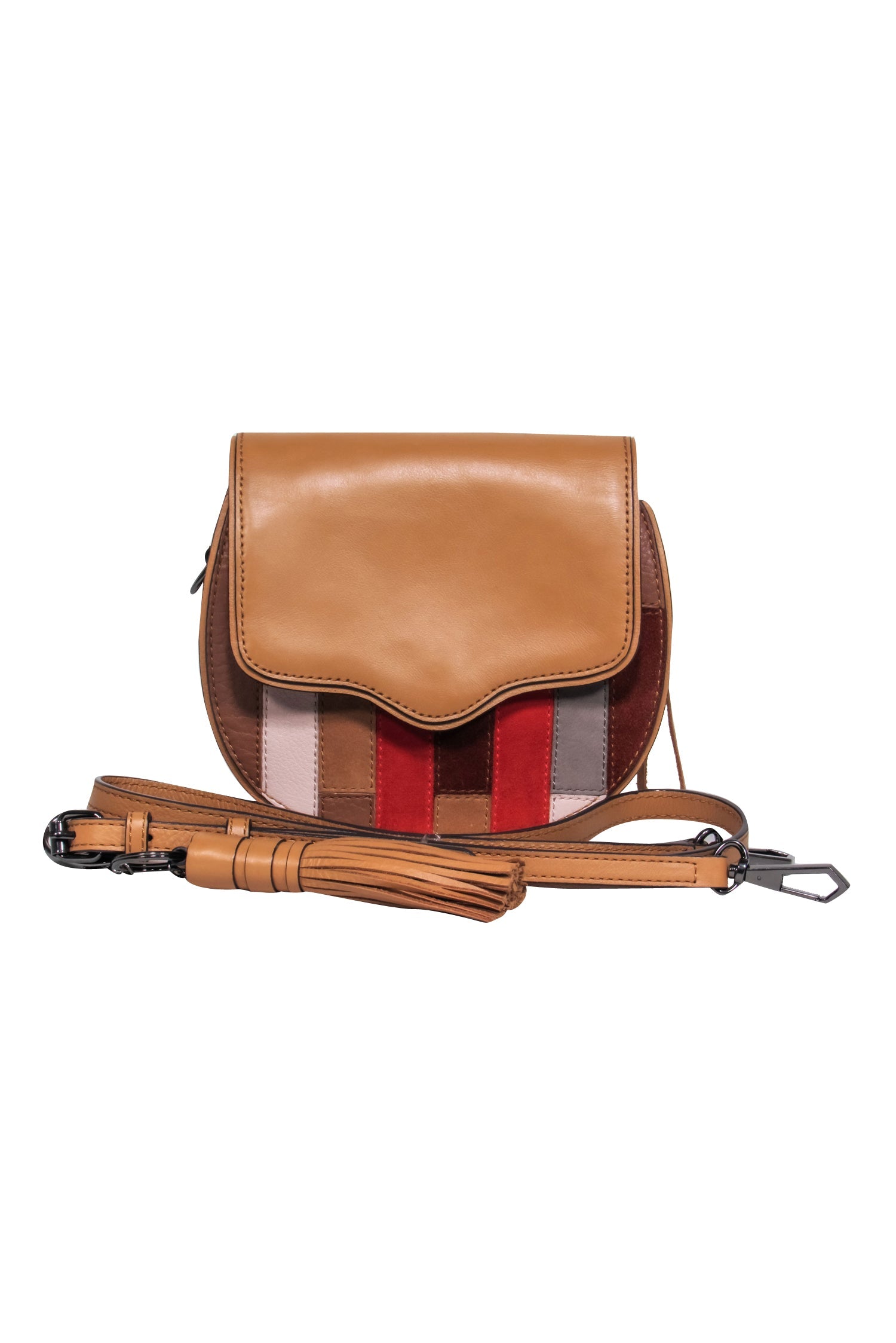 Rebecca Minkoff Tan Patchwork Tassel Crossbody Saddle Bag - A Colorful Fashion Must-Have!