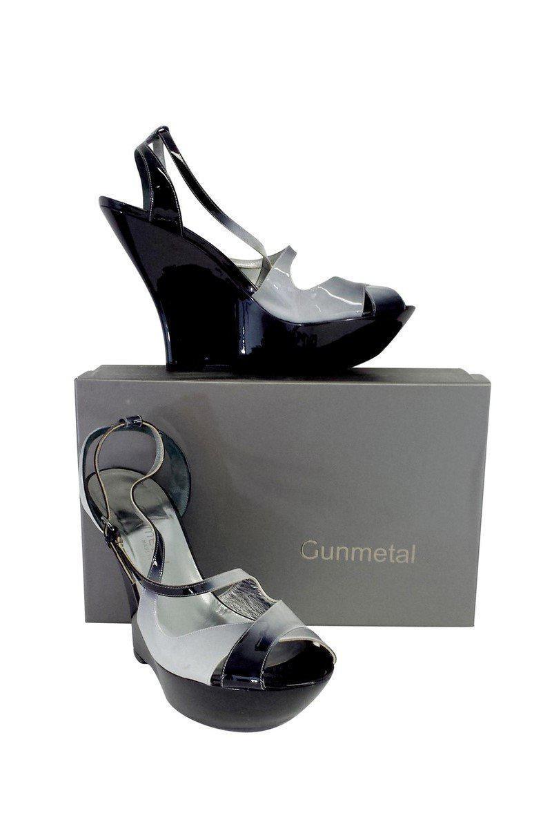 Stunning Gunmetal Black & Grey Patent Leather Platform Wedges in Size 10 - Grab Yours Now!