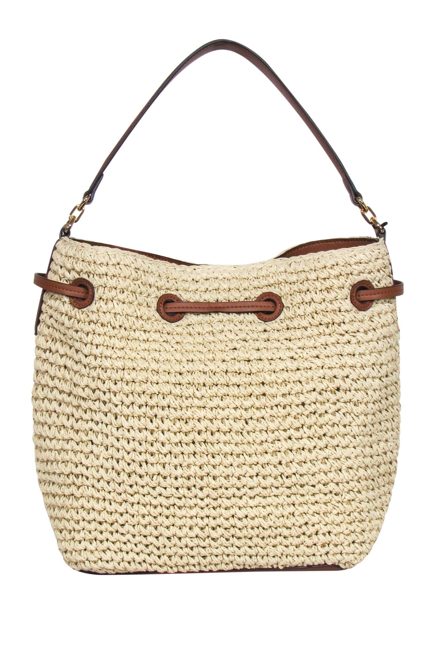 Lauren Ralph Lauren - Chic Beige Woven Convertible Shoulder Bag with Leather Trim