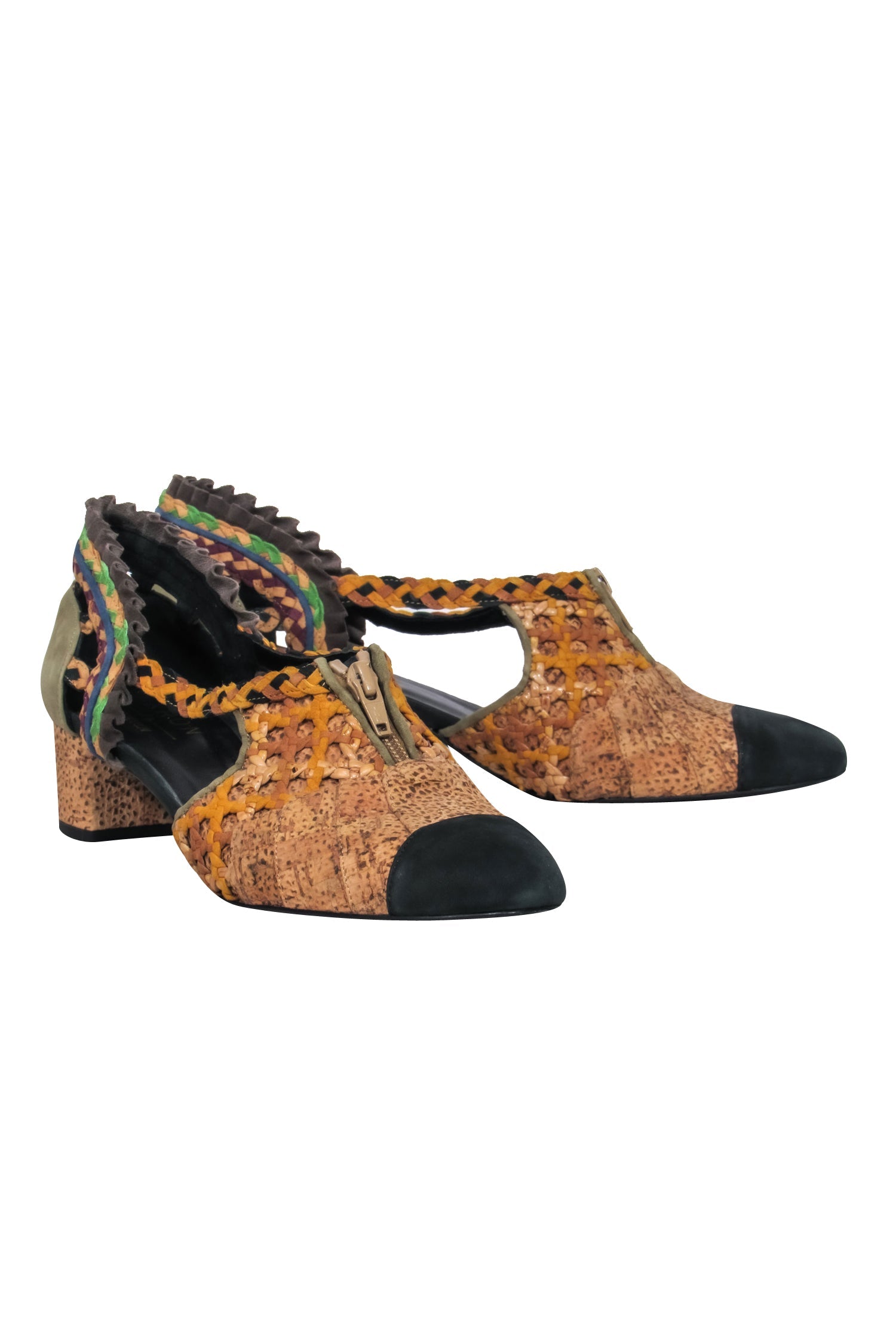 Kronkron - Stunning Tan & Muted Multicolor Woven Chunky Heels with Cutout, Size 10.5