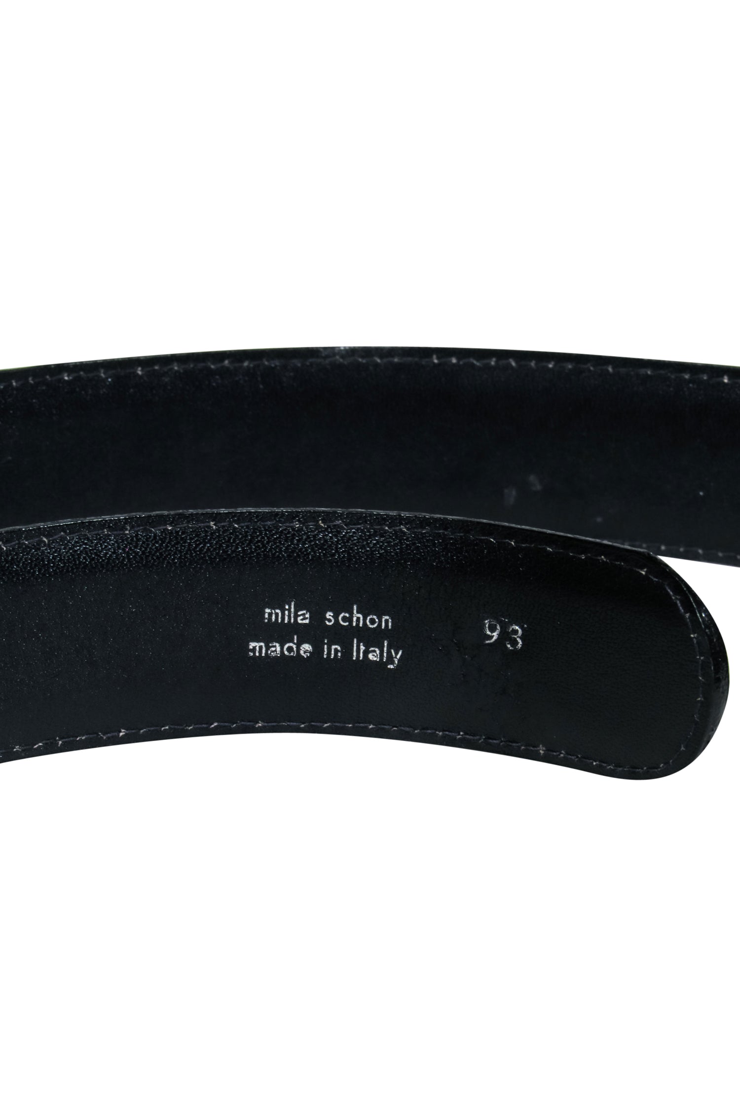 Mila Schon's Exquisite Black Leather Belt with Stunning Gold Clasp