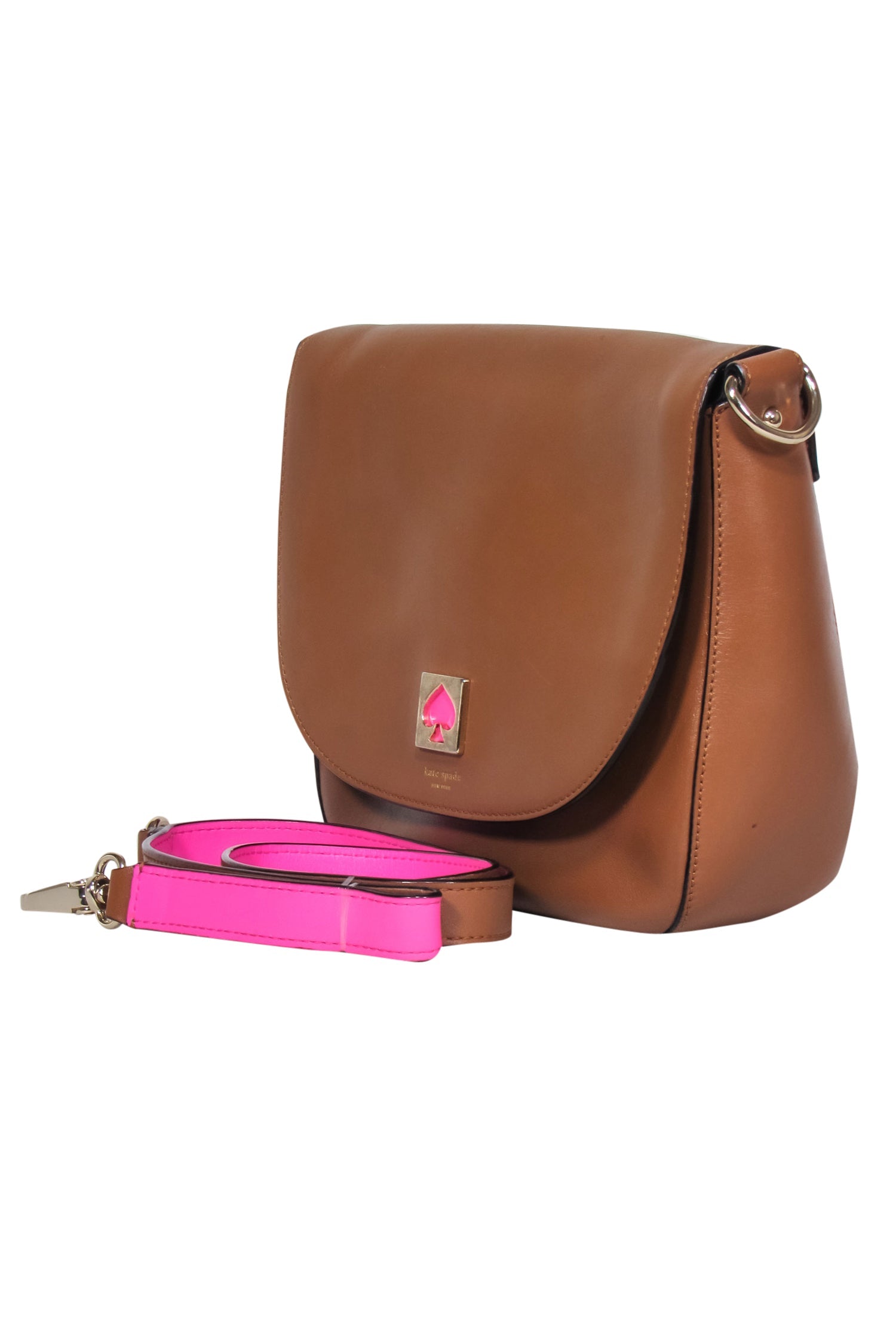 Kate Spade's Stunning Brown Leather Saddle Crossbody Bag with a Pop of Pink Strap