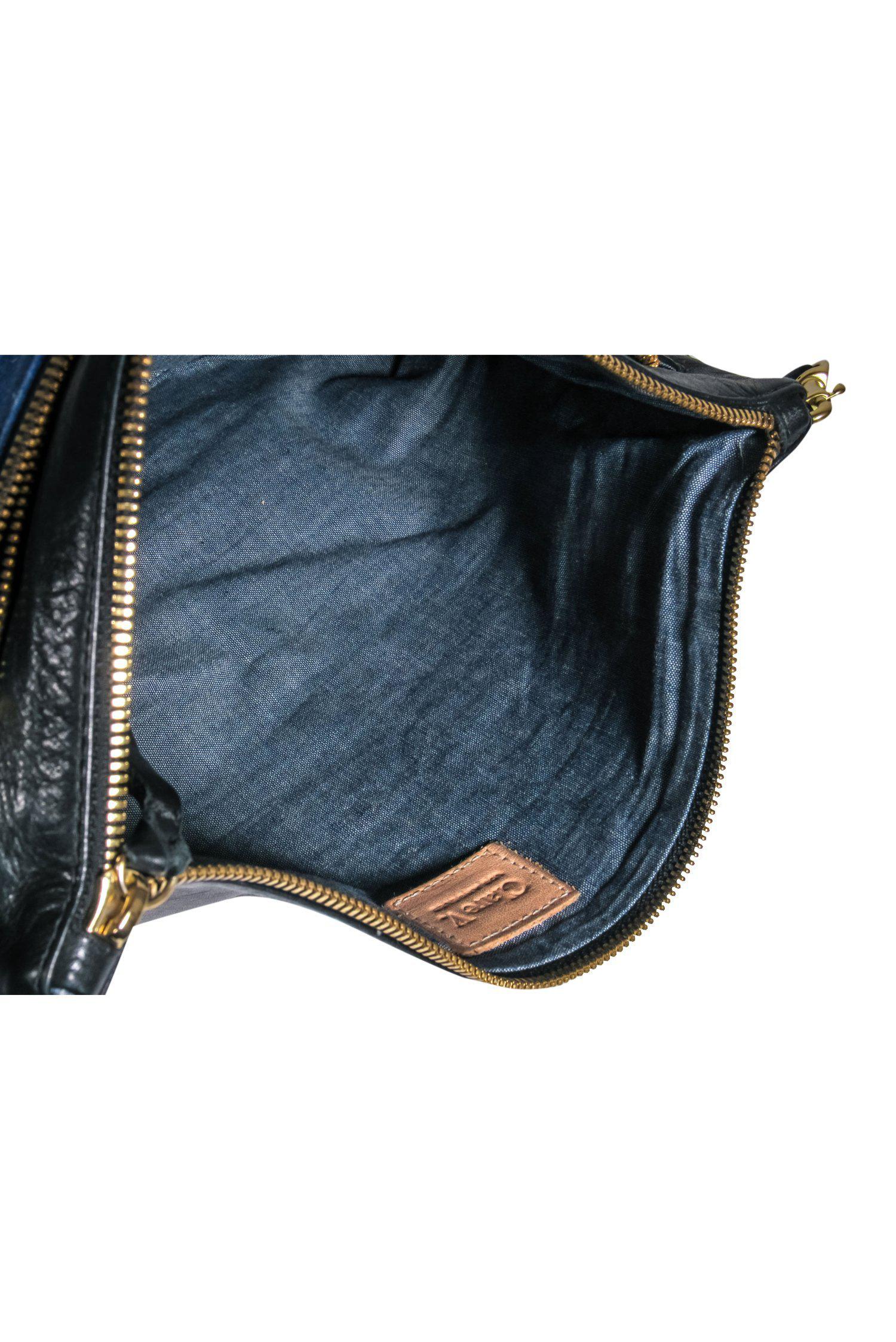 Clare V. - Stylish Black Leather Square Crossbody with Vibrant Blue Suede Pocket
