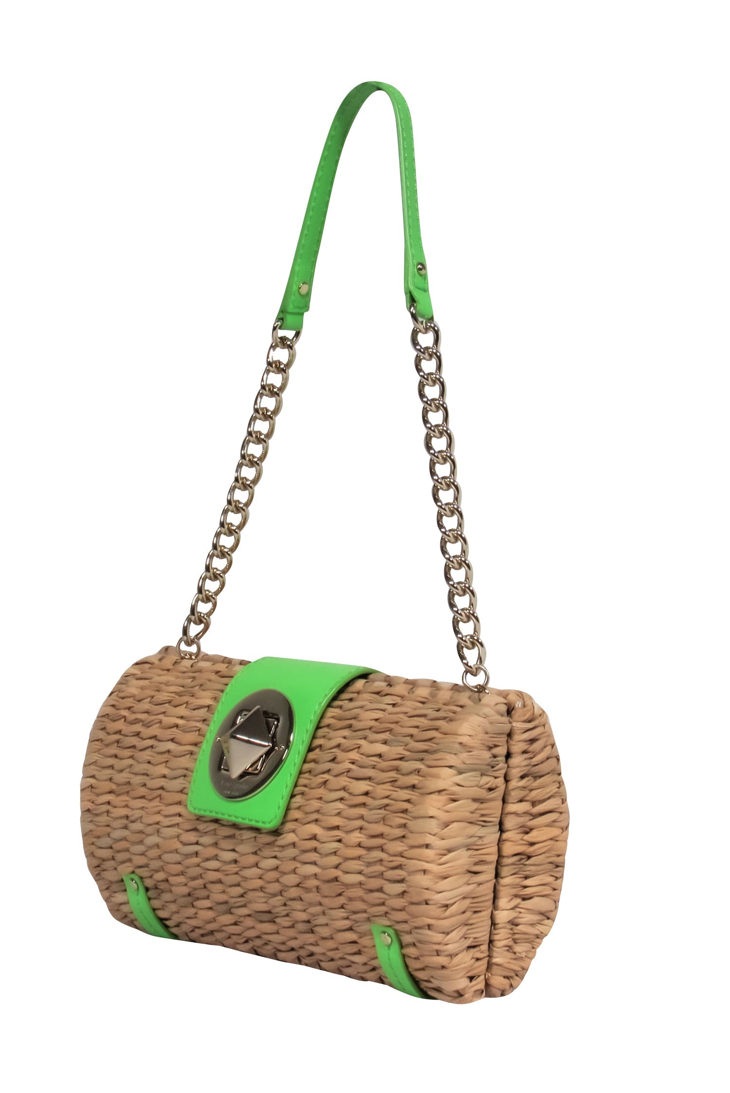 Kate Spade's Enchanting Small Wicker Handbag with Stunning Green Leather Accents