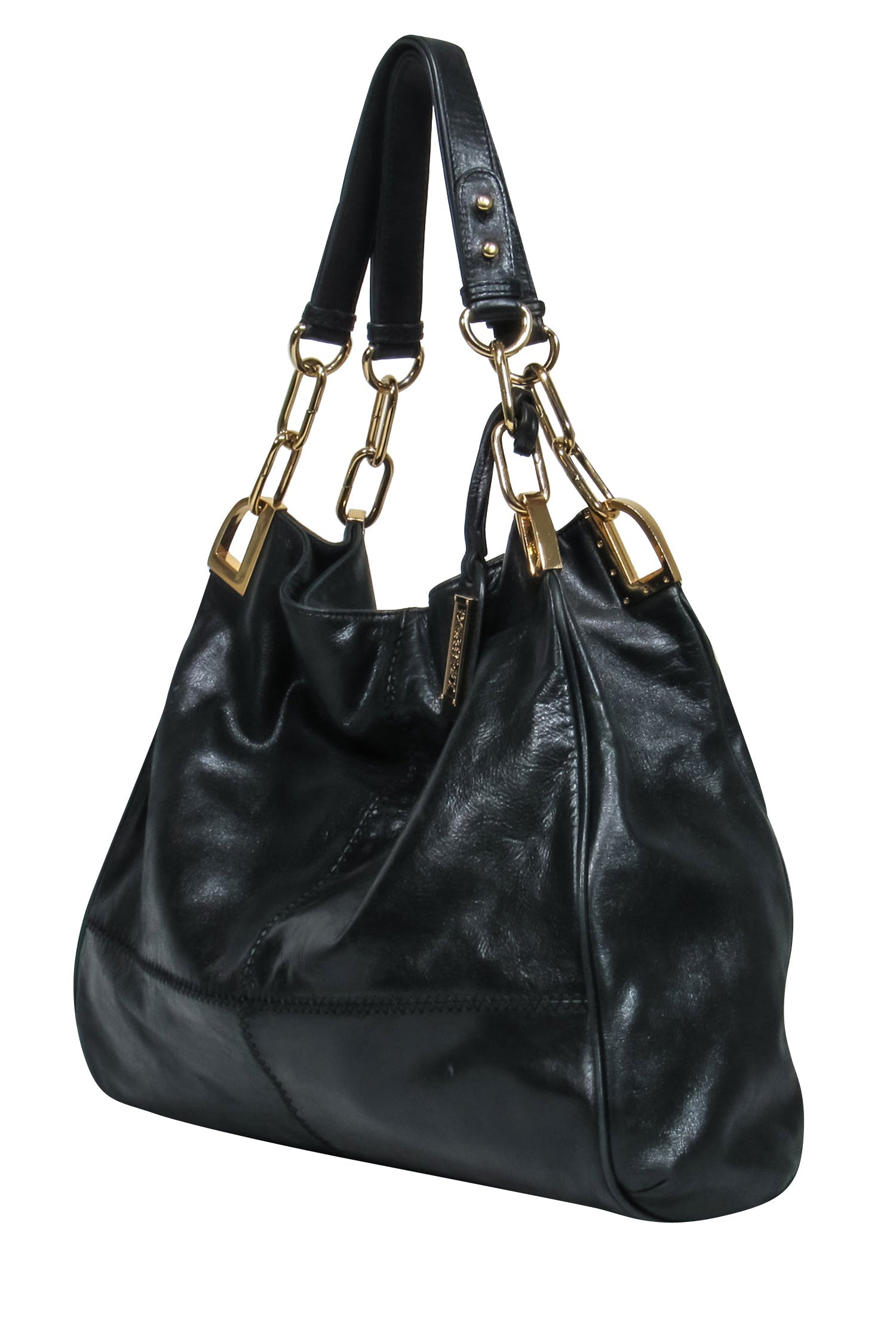 Badgley Mischka - Stunning Large Black Leather Shoulder Bag with Gorgeous Gold Hardware
