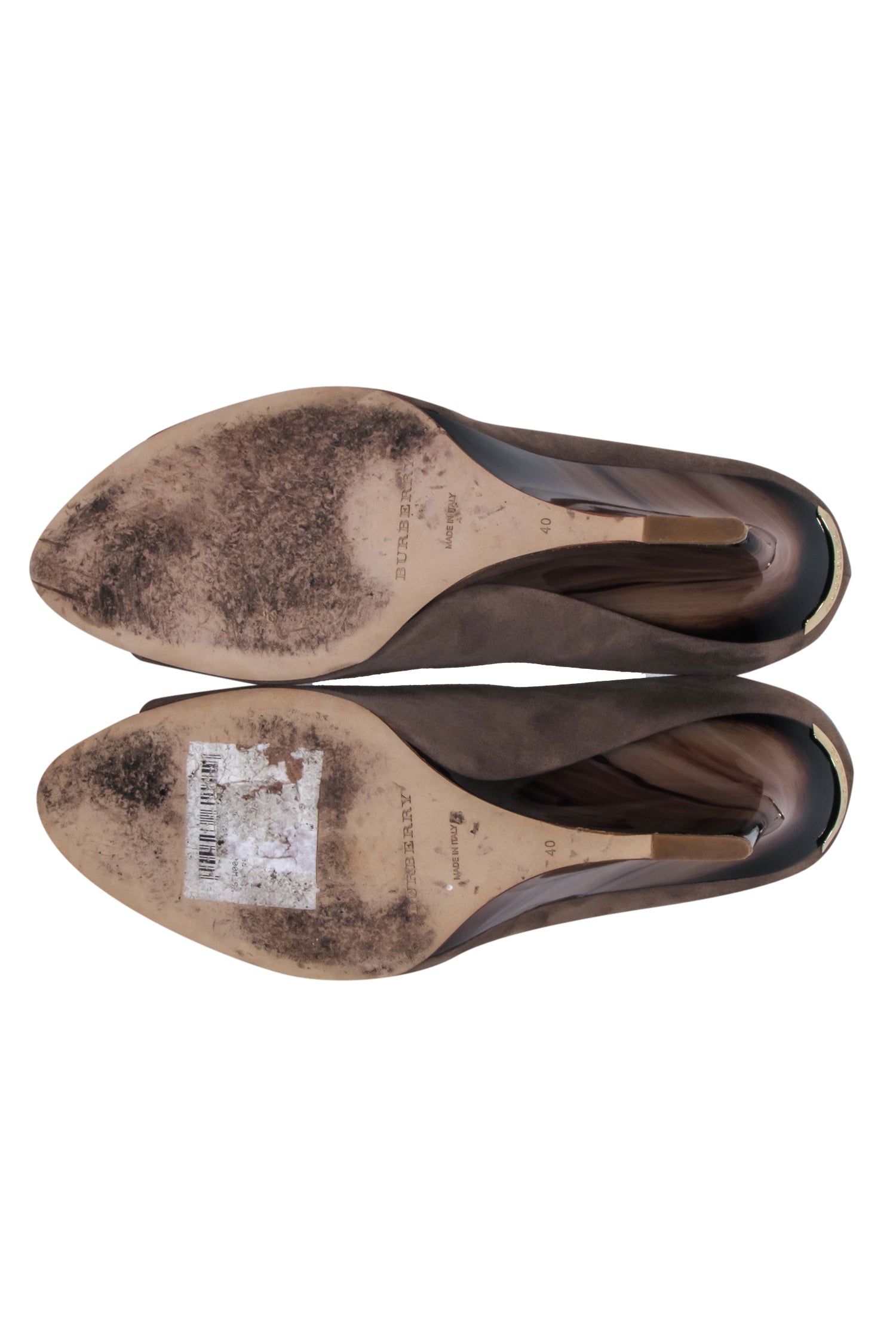 Burberry Taupe Suede Slip-On Wedges with Marbled Heel - Size 10