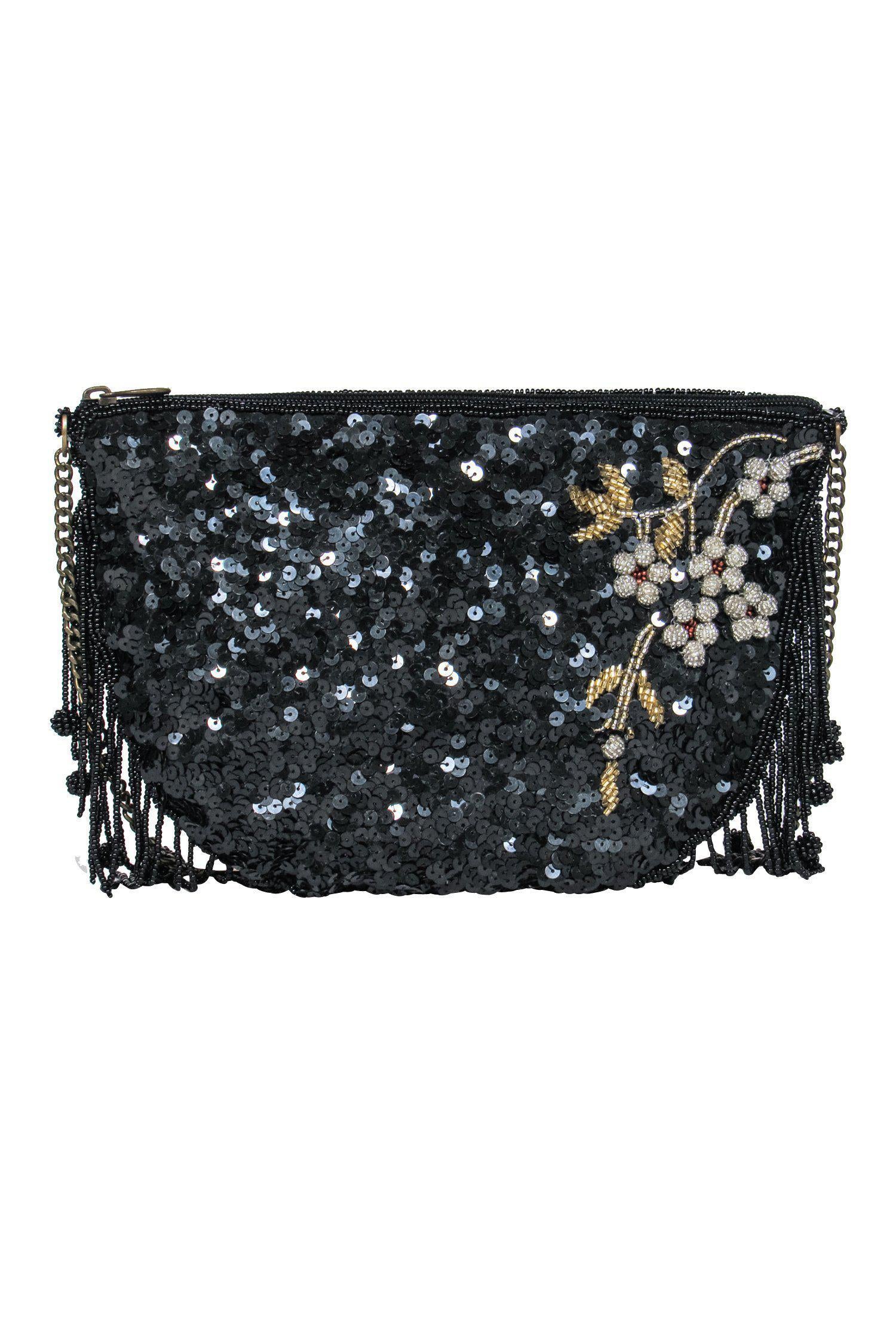 Mary Frances - Stunning Black Sequin & Beaded Floral Fringe Crossbody Bag