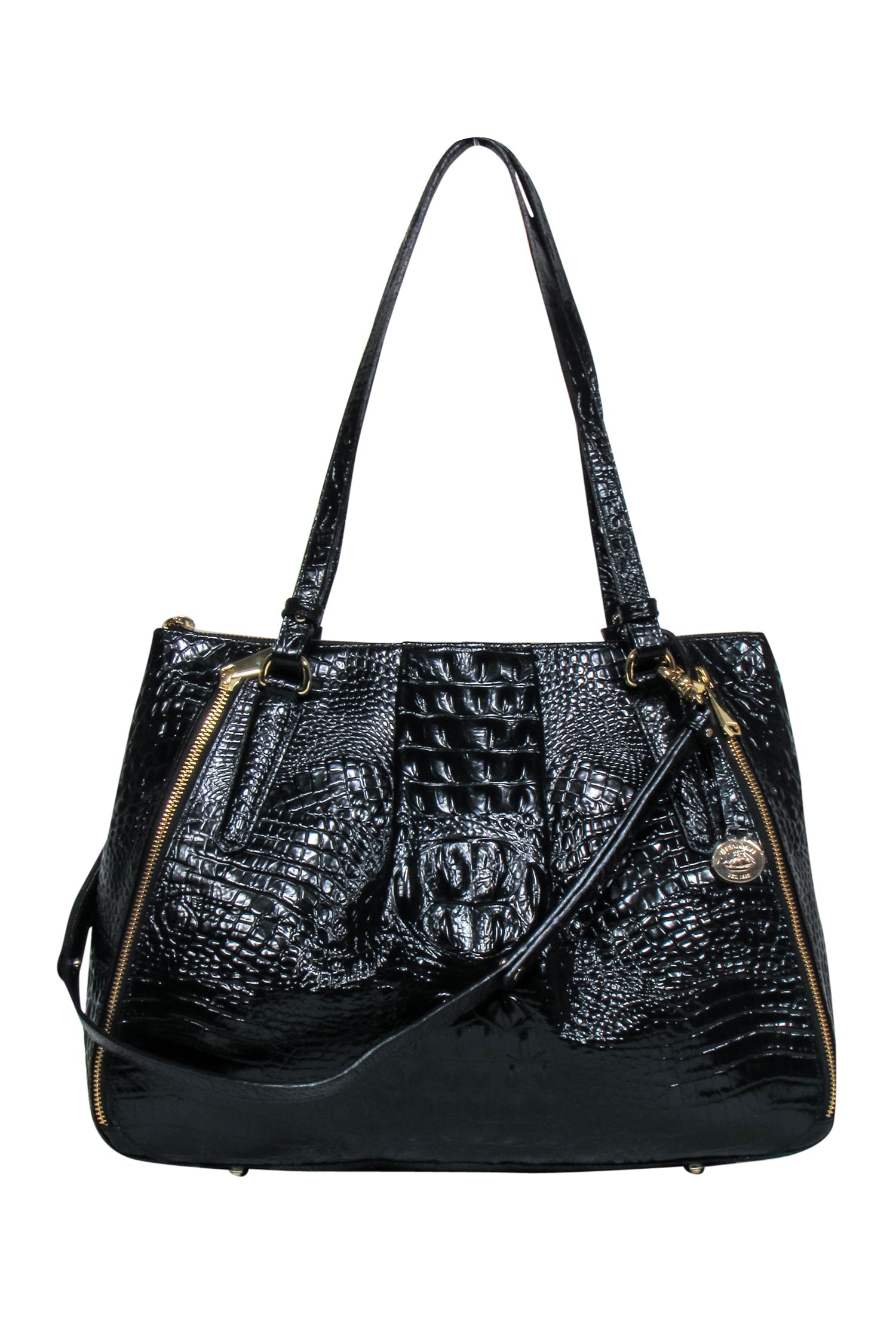 Brahmin Black Patent Leather Croc-Embossed Luxury Tote Bag