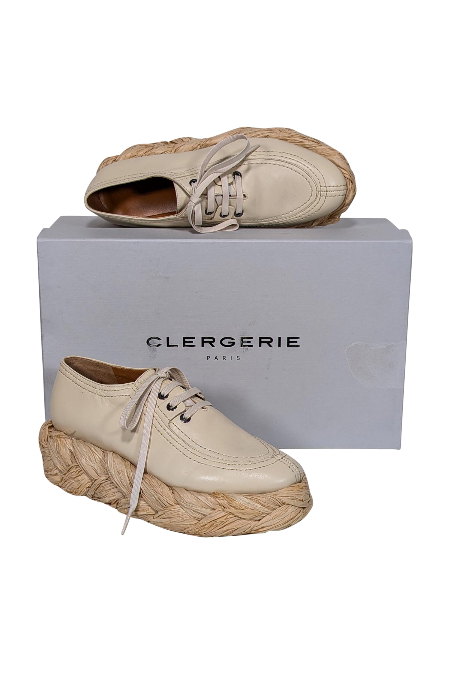 Clergerie Paris - Stunning Beige Leather & Woven Straw Platform Sneakers, Size 8