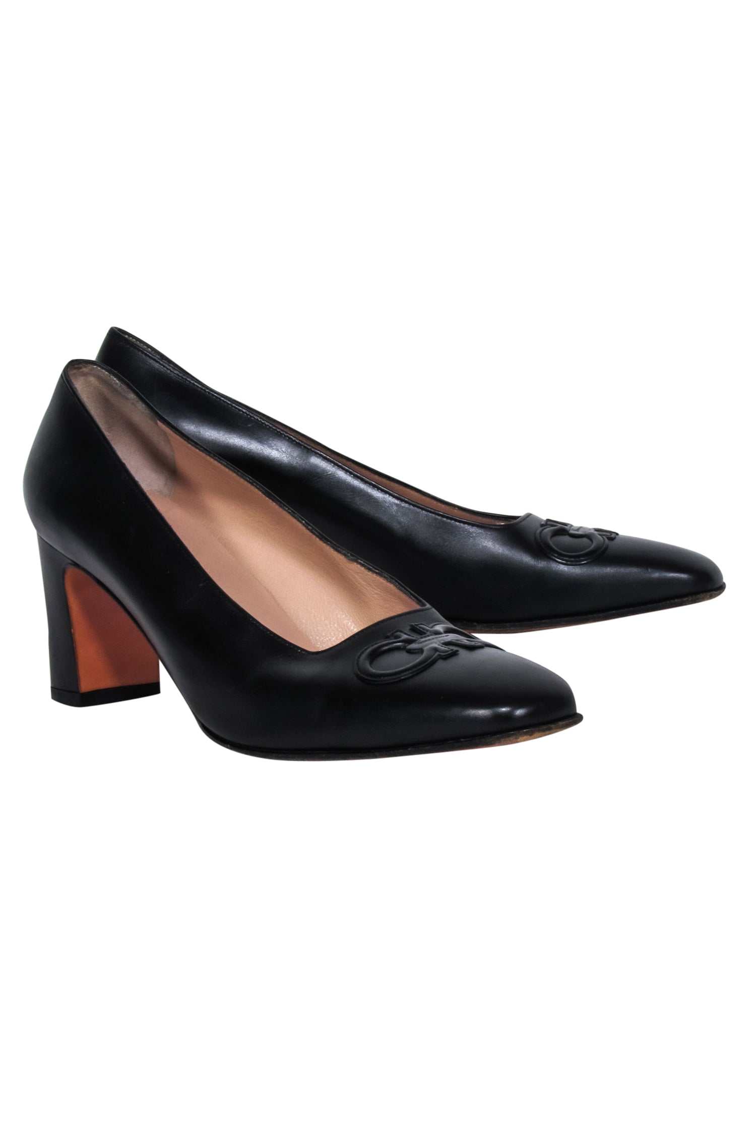Ferragamo Black Leather Logo Toe Pumps - Size 9.5: Elevate Your Office Look!