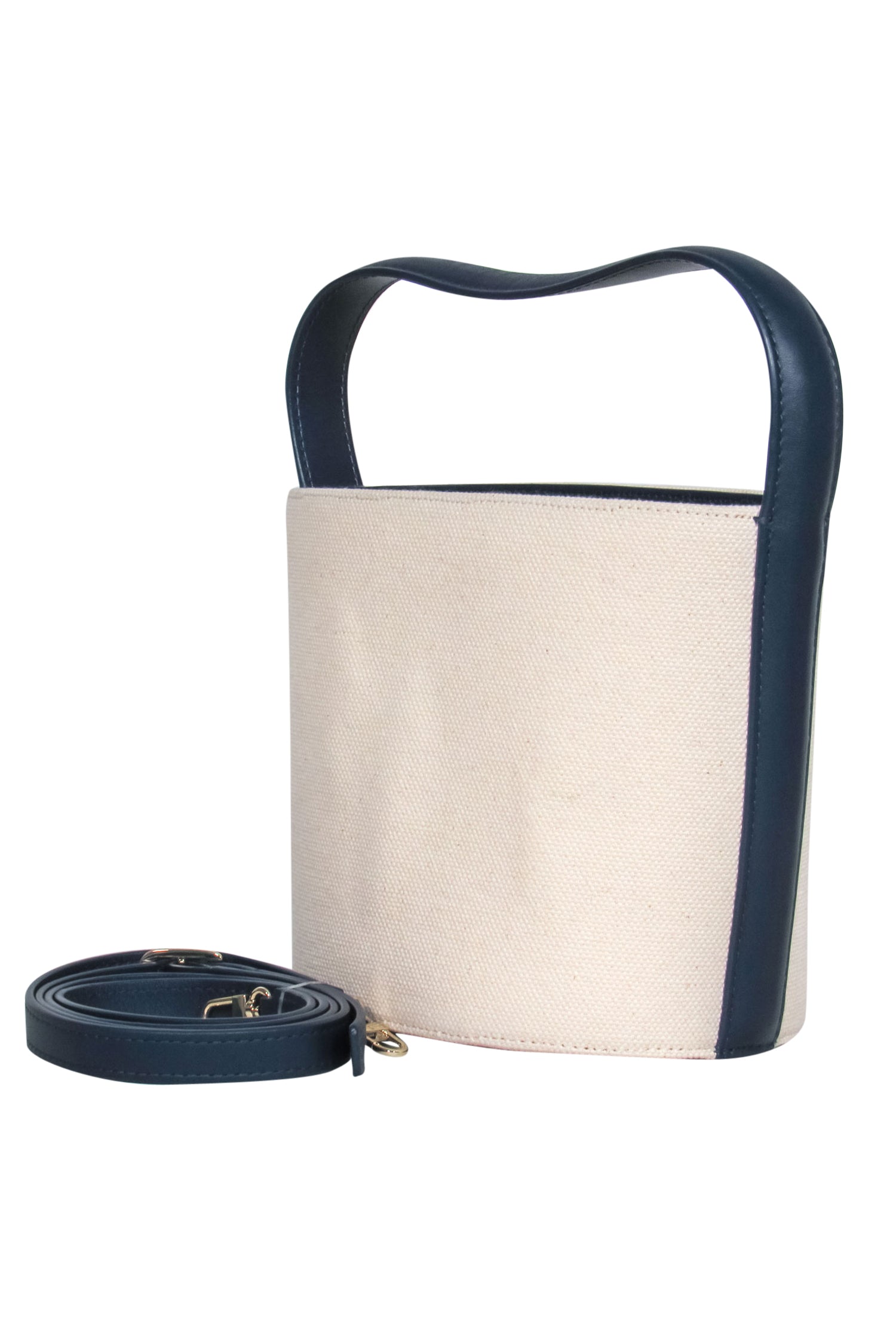 Staud's Tan Canvas & Navy Leather Bisset: The Ultimate Convertible Summer Bucket Bag