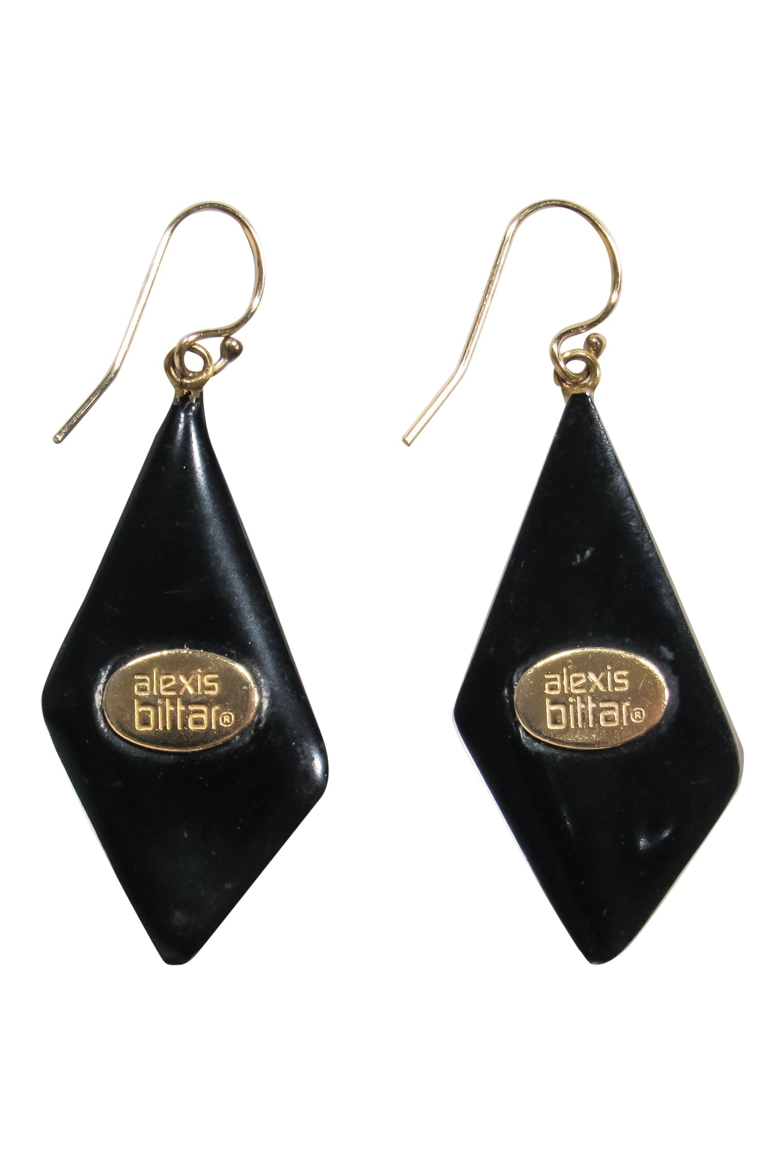 Alexis Bittar's Stunning Black Lucite Teardrop Earrings with Gold Logo