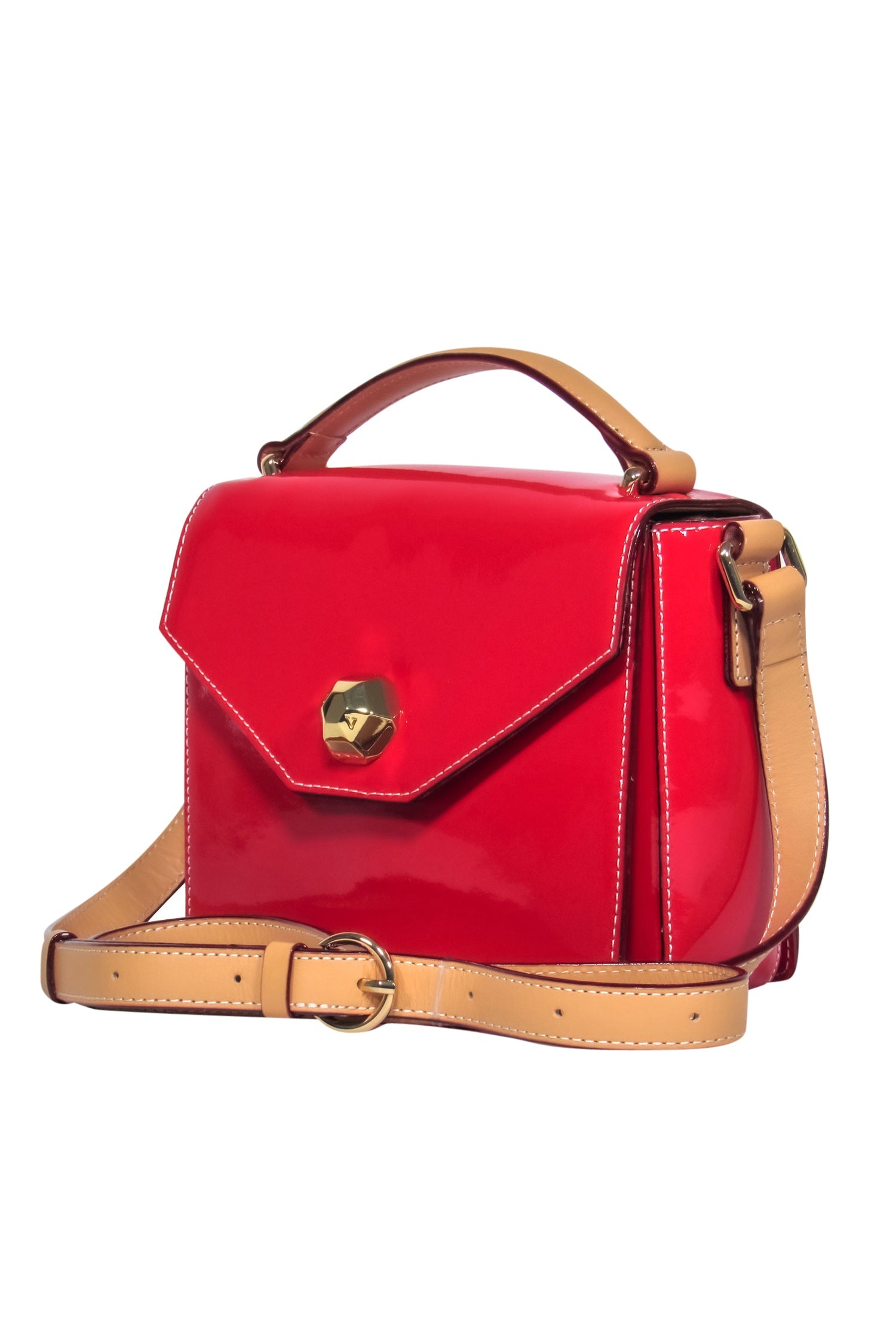 Frances Valentine - Stunning Red Patent Leather Fold-Over Snap Mini Midge Crossbody with Tan Trim