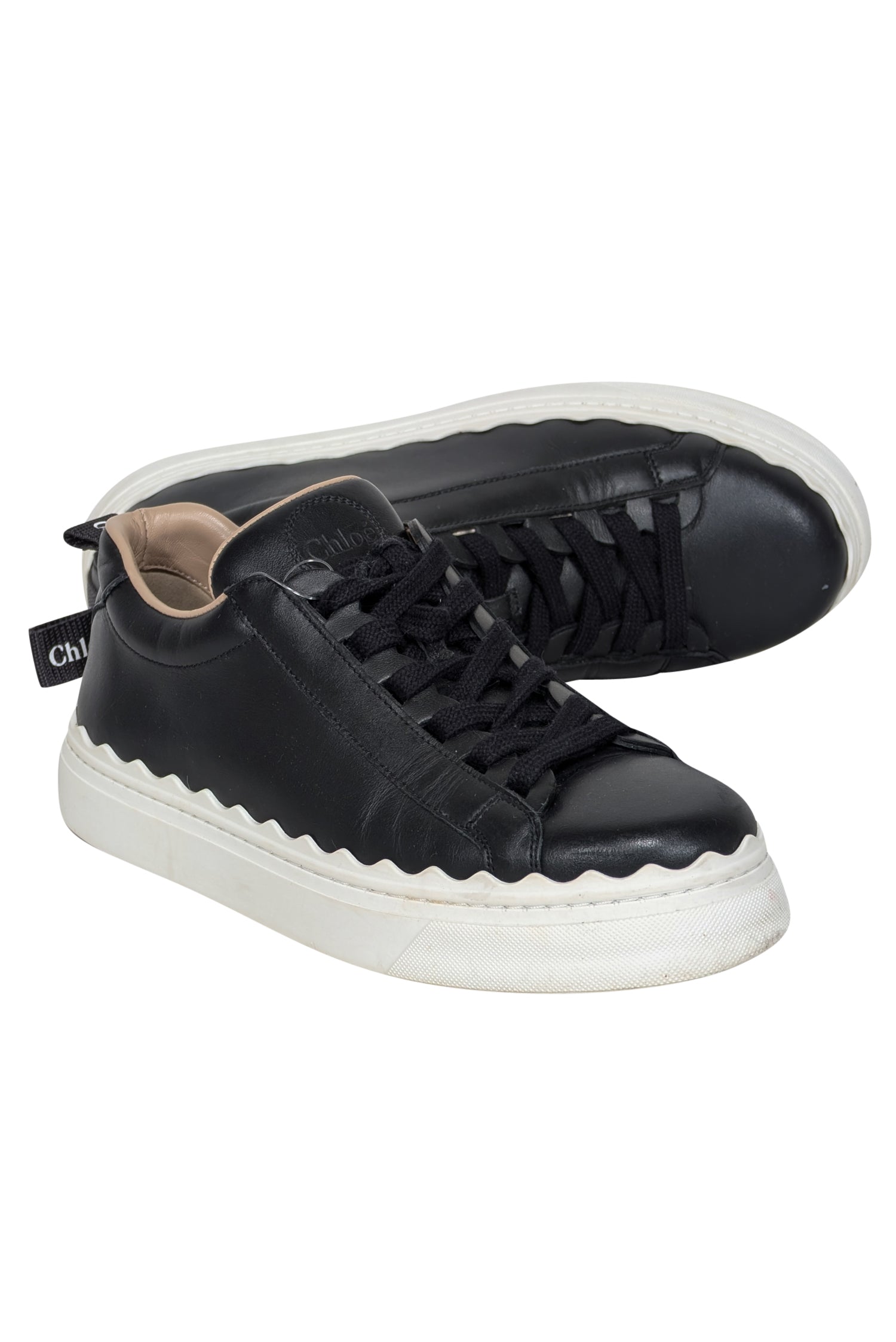 Chloe's Stunning Black Leather Sneakers with Scallop Trim - Size 7