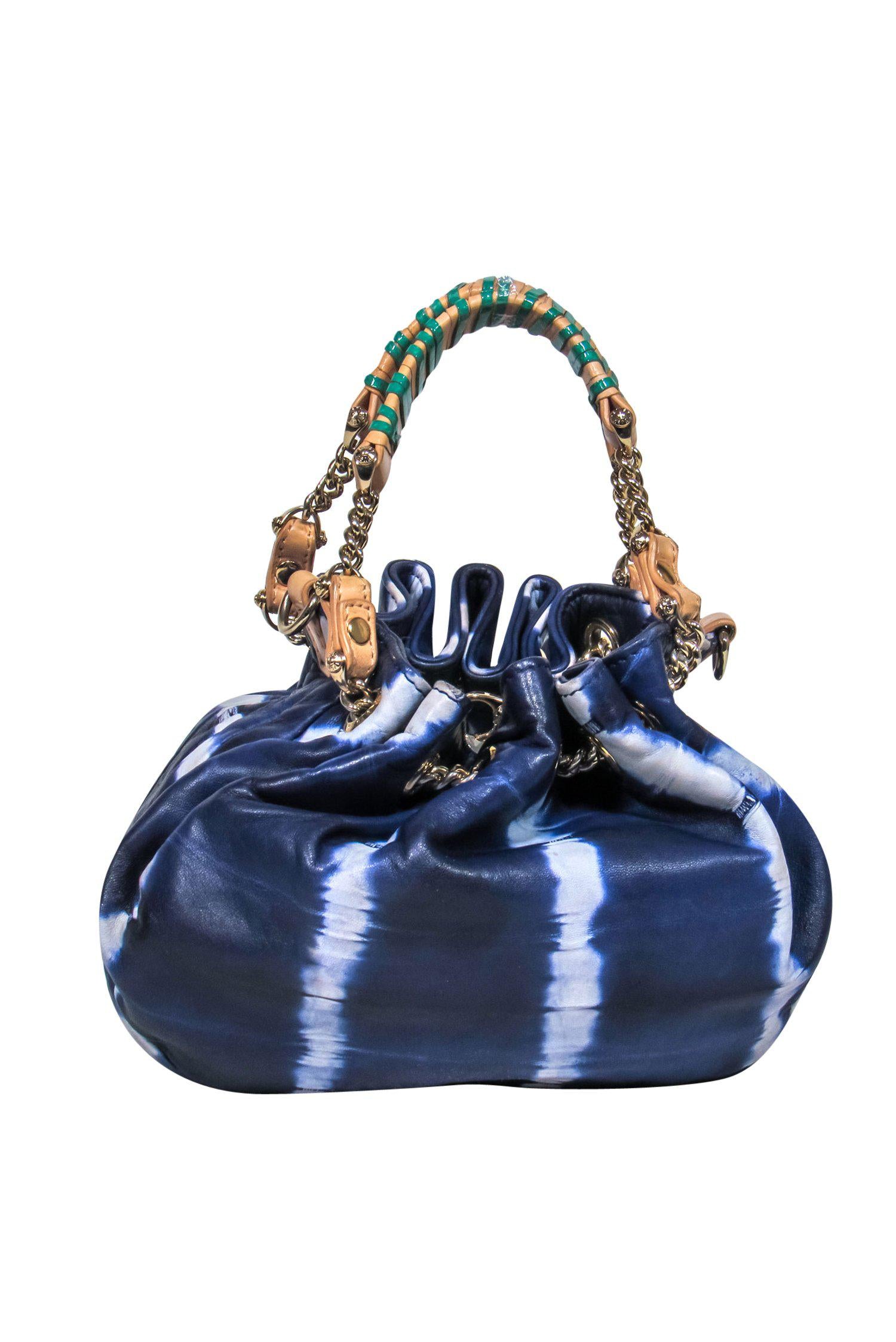 Henri Bendel's Chic Small Blue Tie-Dye Leather Bucket Bag with Green Trim