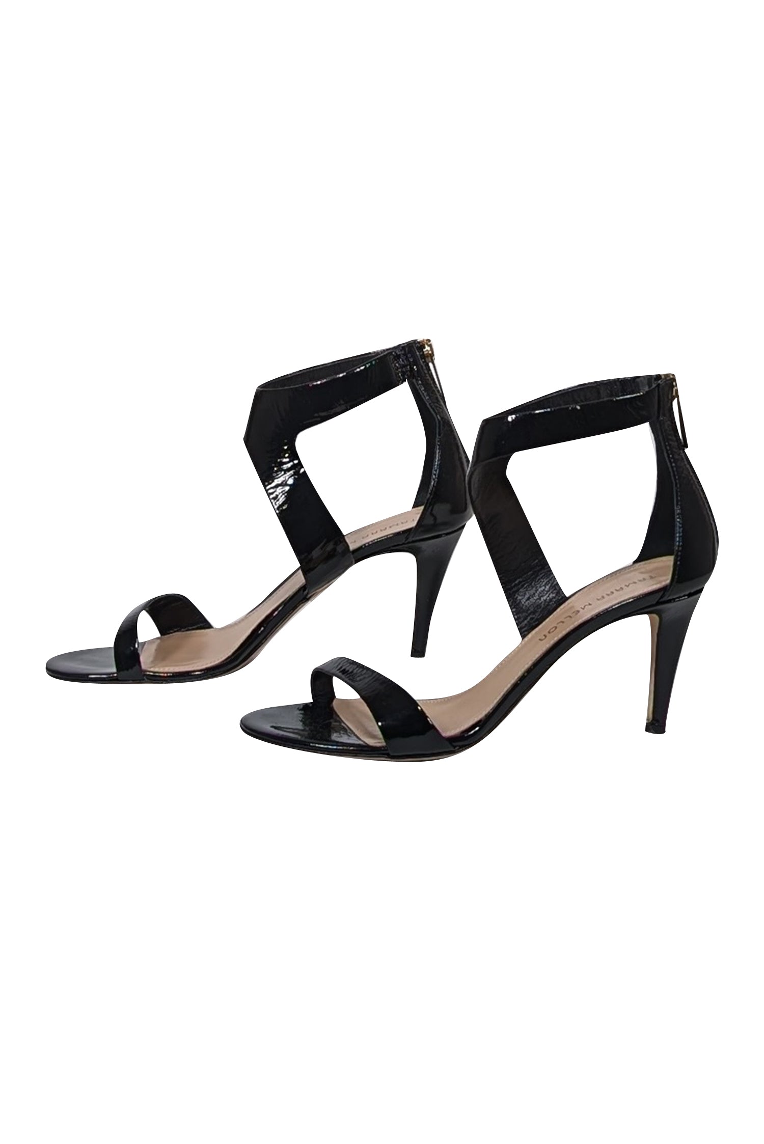 Tamara Mellon's Glamorous Black Patent Leather Open Toe Heels - Size 8.5