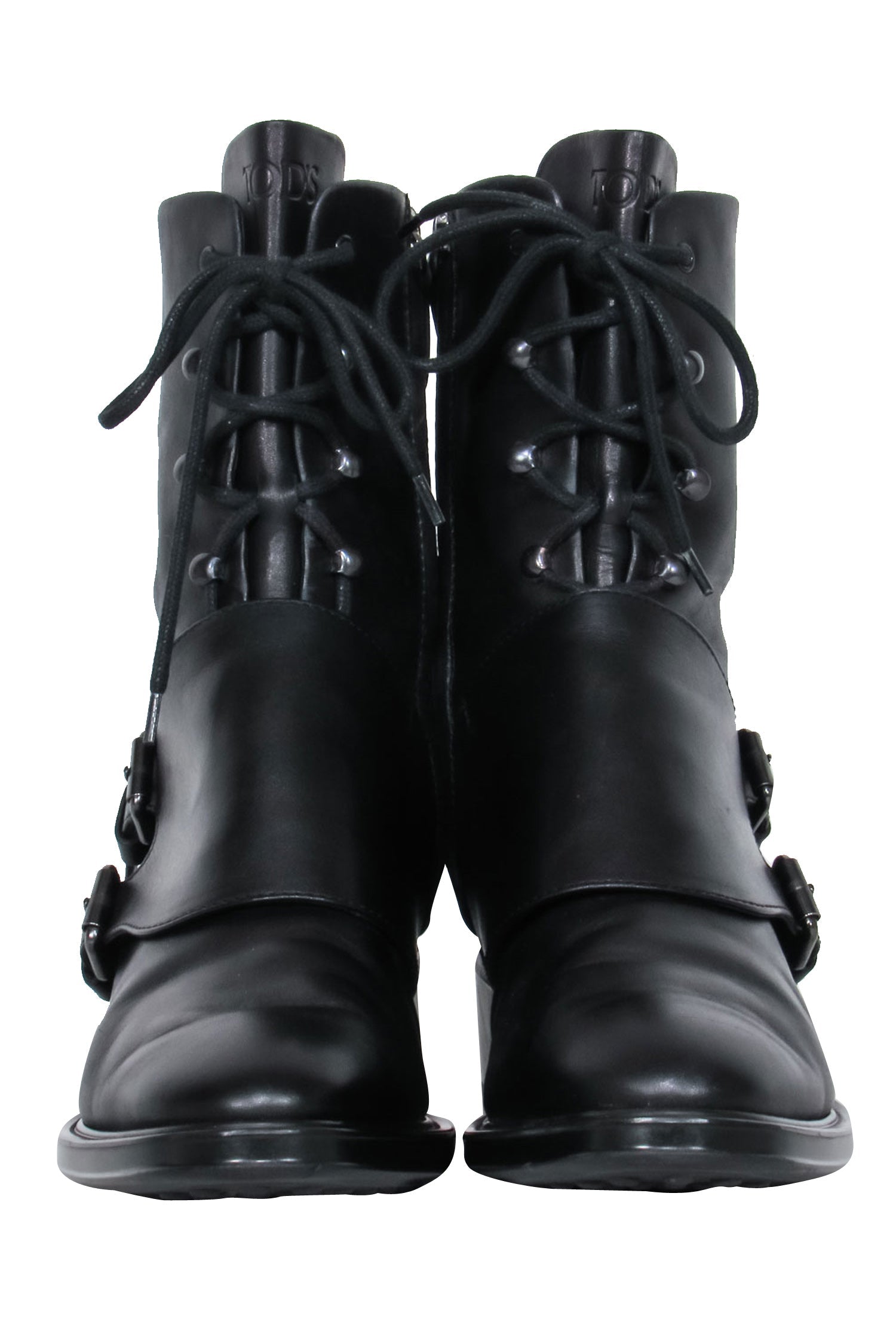 Tod's Black Lace-Up & Double Buckle Combat Boots - Size 8