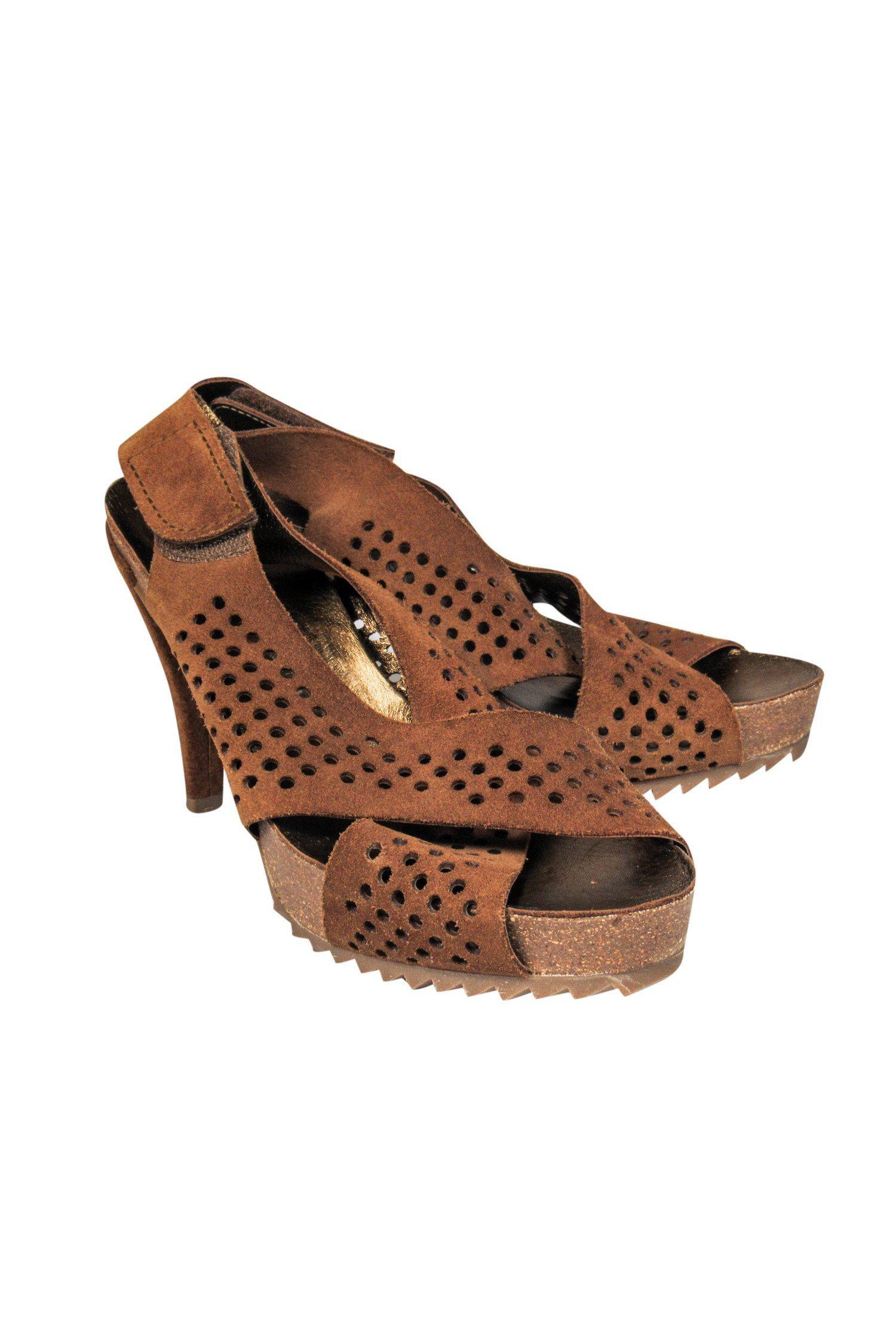 Pedro Garcia Brown Heel Sandals with Circle Cutouts - Size 7.5