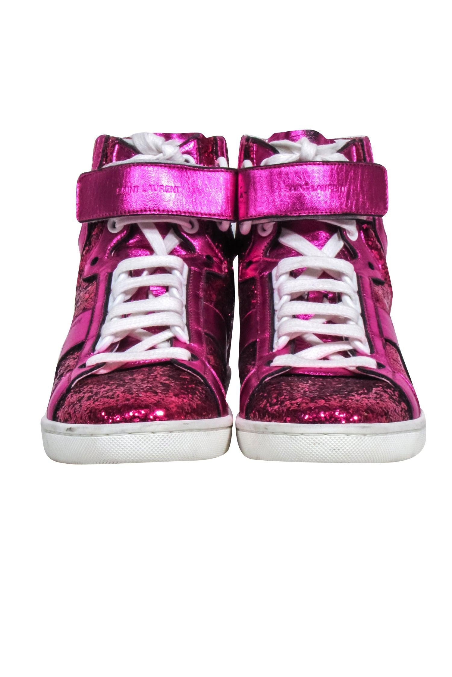 Yves Saint Laurent Pink Glitter High-Top Sneakers - Size 5: Unleash Your Inner Rebel!