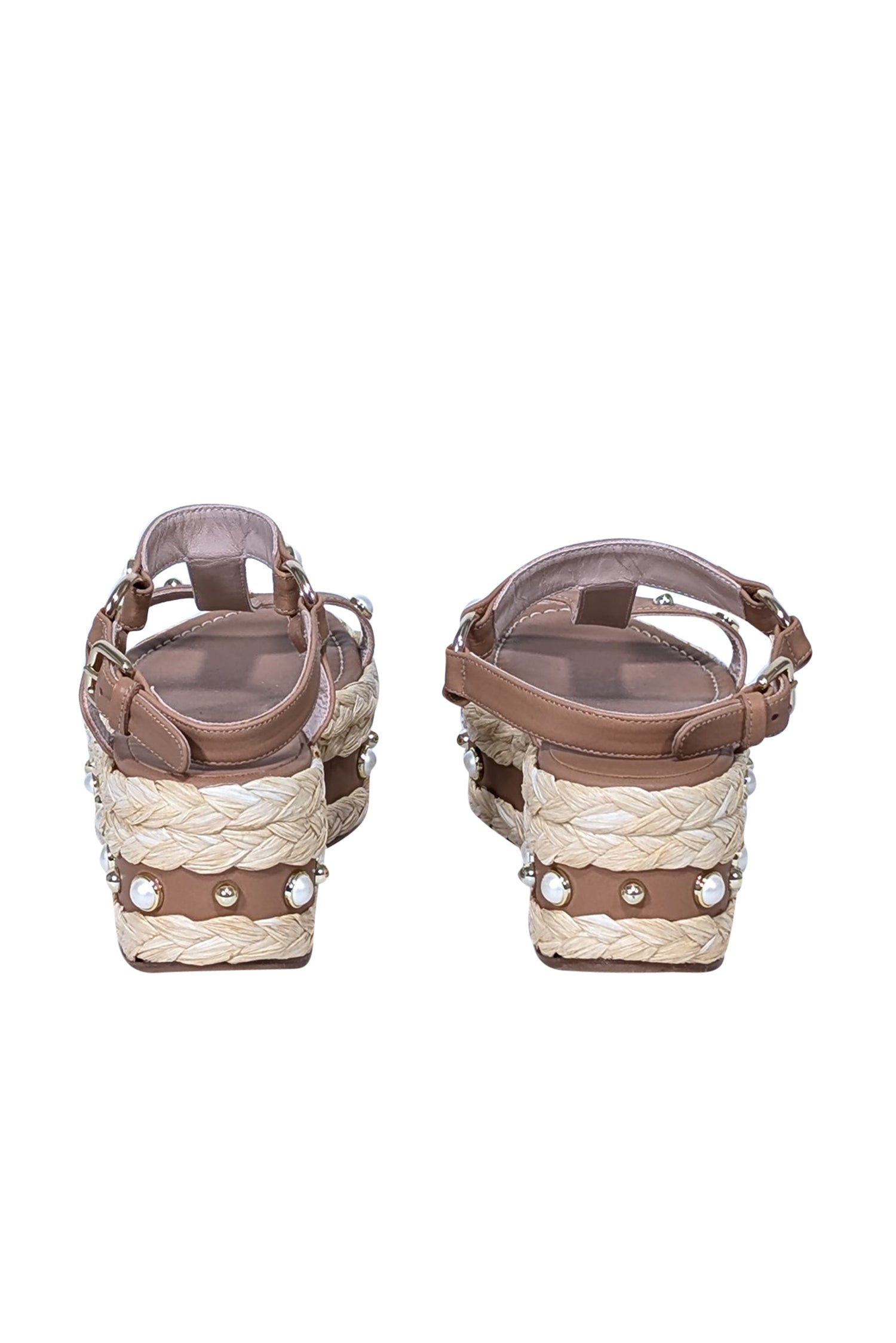Stuart Weitzman - Tan & Beige Beraffia Pearly Vachetta Platform Sandals for Summer Fun, Size 9