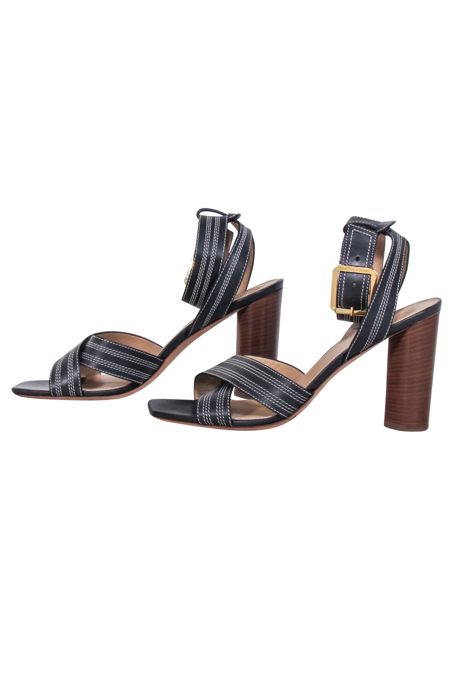 Veronica Beard - Stunning Black with White Stitching Open Toe Heels, Size 9