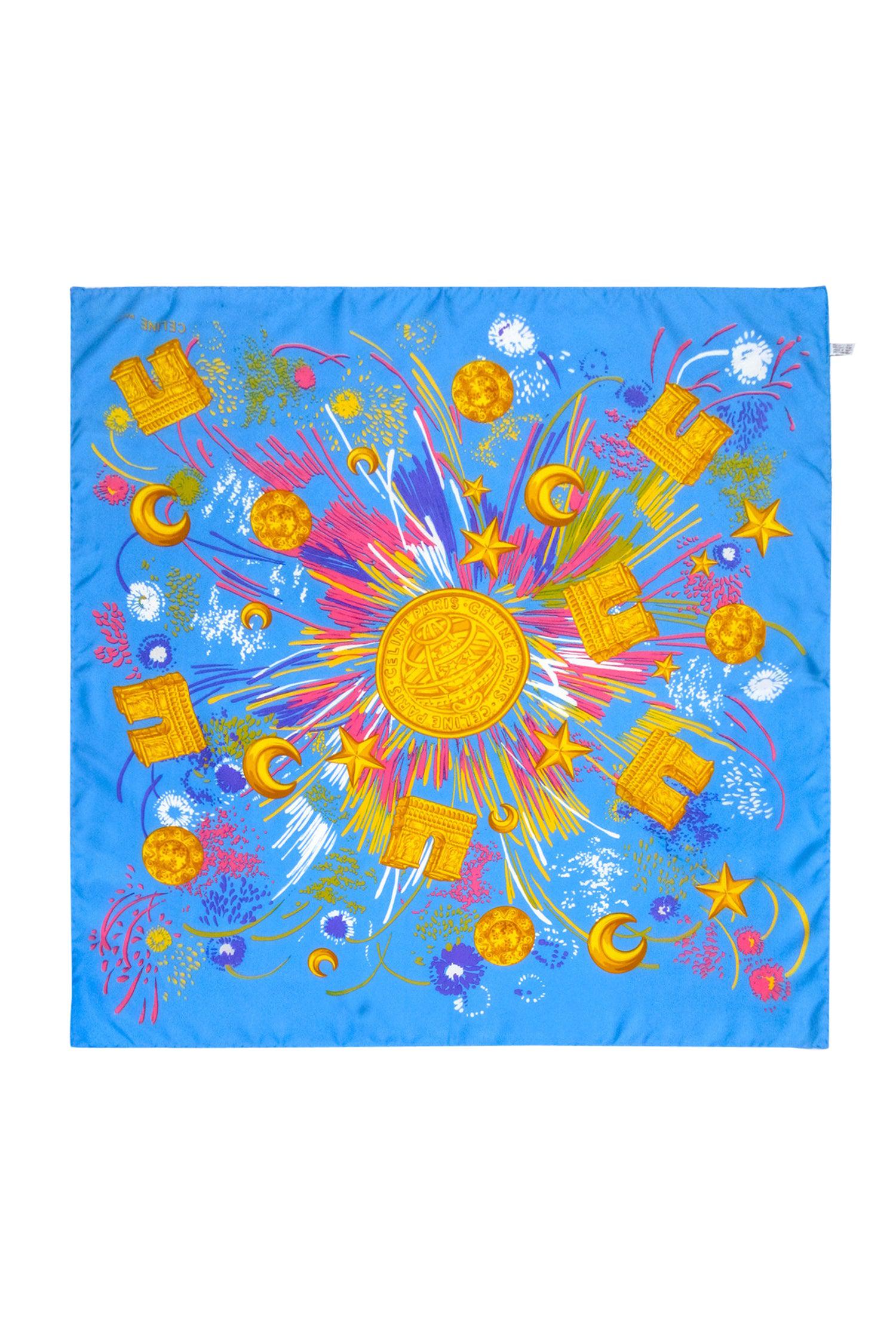 Celine - Stunning Blue & Multi Color Print Silk Scarf