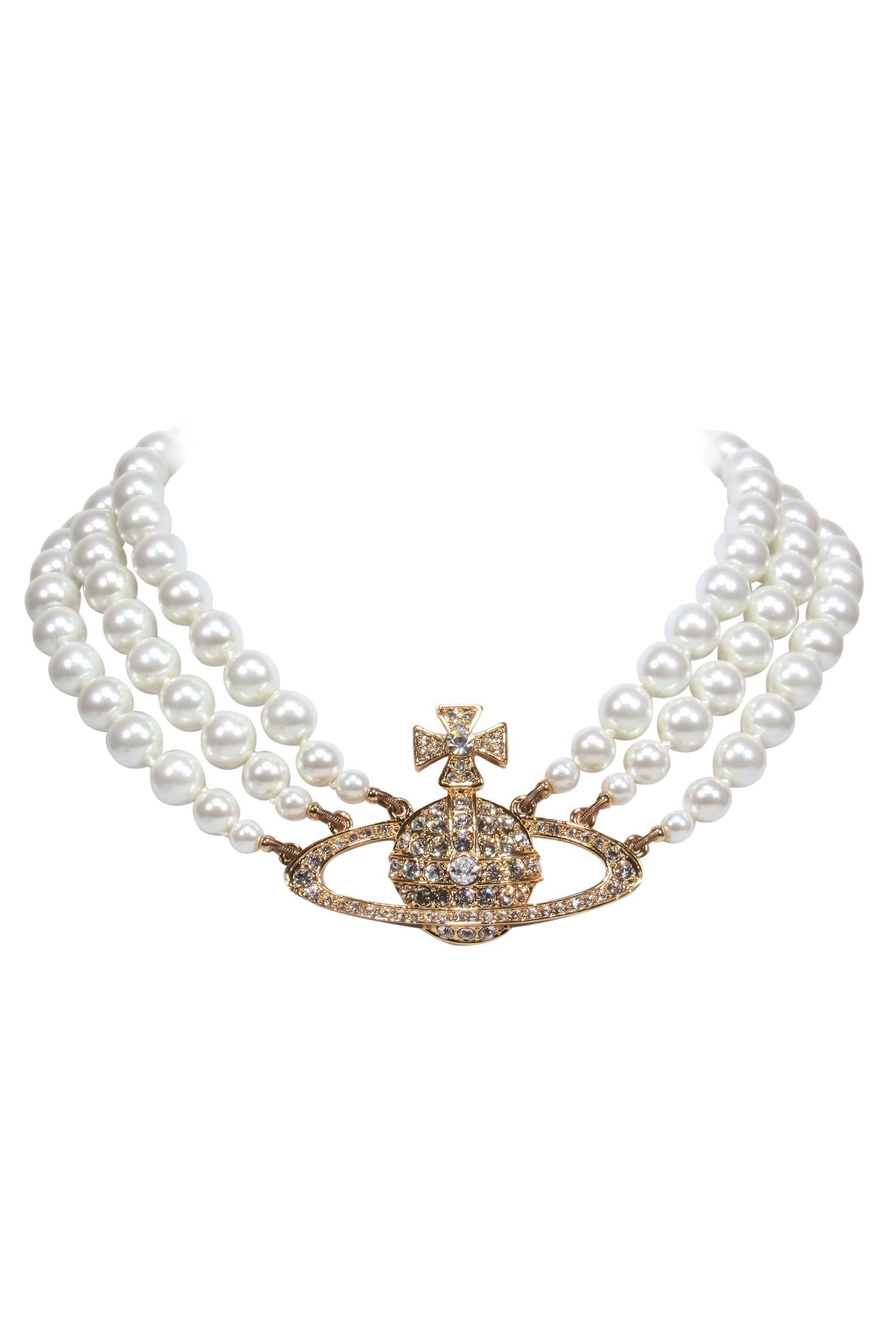 Vivienne Westwood - Glamorous Three-Strand Faux Pearl Choker with Jeweled Gold Logo
