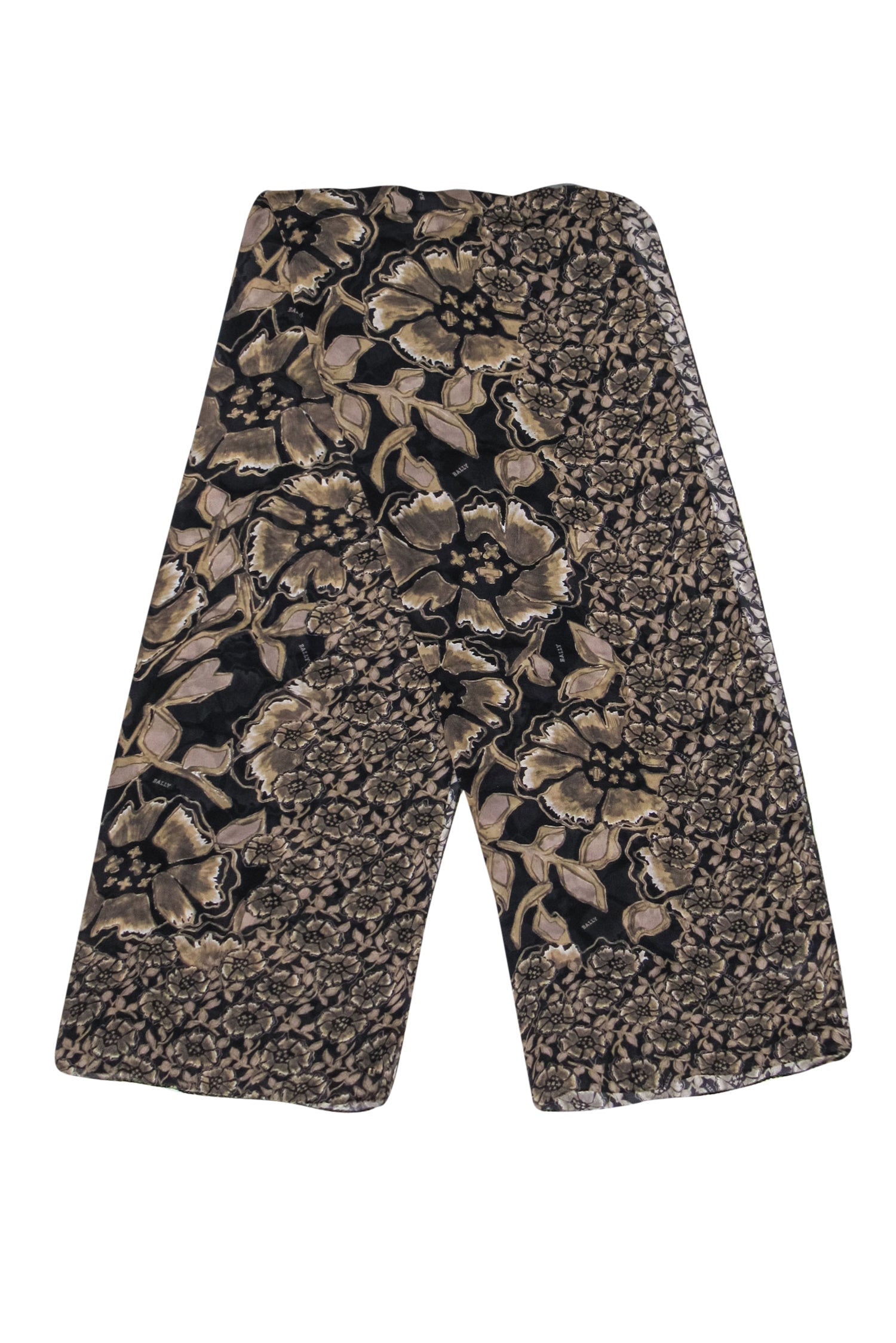 Bally - Exquisite Grey, Tan & Black Silk Floral Print Long Scarf