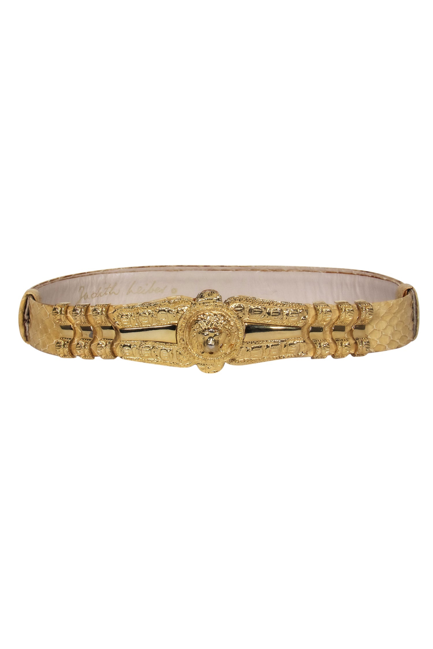 Judith Leiber - Stunning Vintage Tan Snakeskin Belt with Gold Lion Clasp