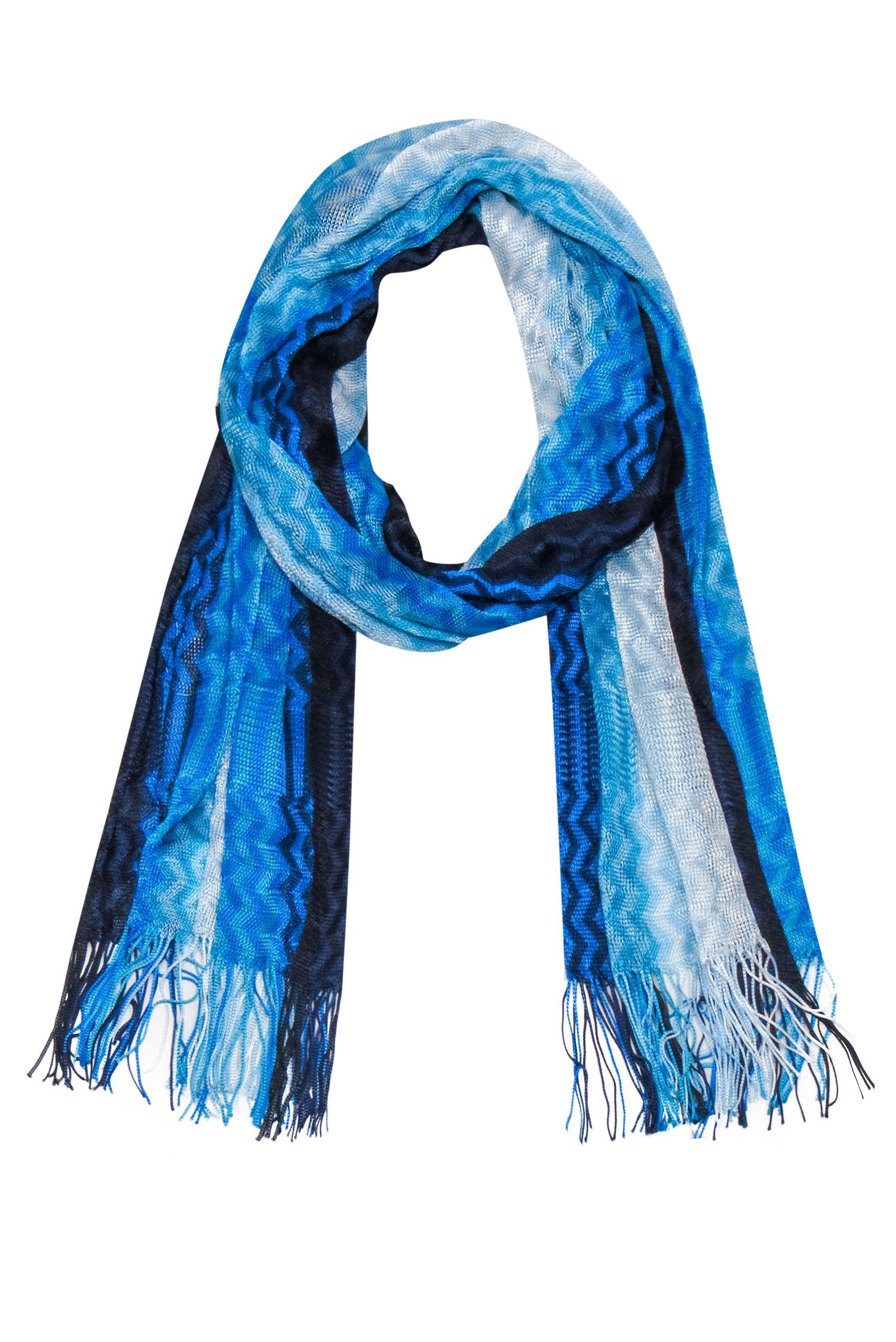 Missoni's Stunning Blue & White Ombre Chevron Knit Scarf with Fringe