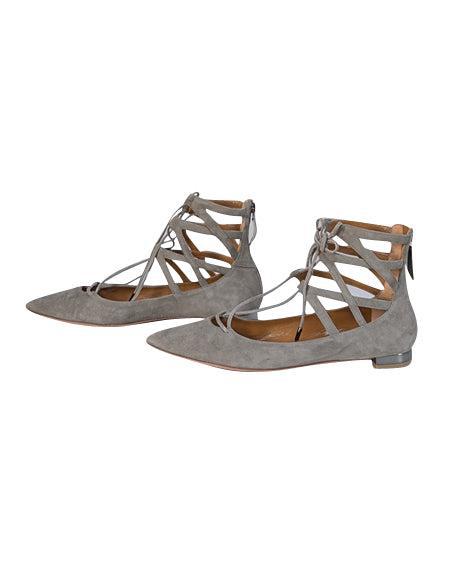 Aquazzura Grey Suede Pointed-Toe Lace-Up Flats - Size 10.5