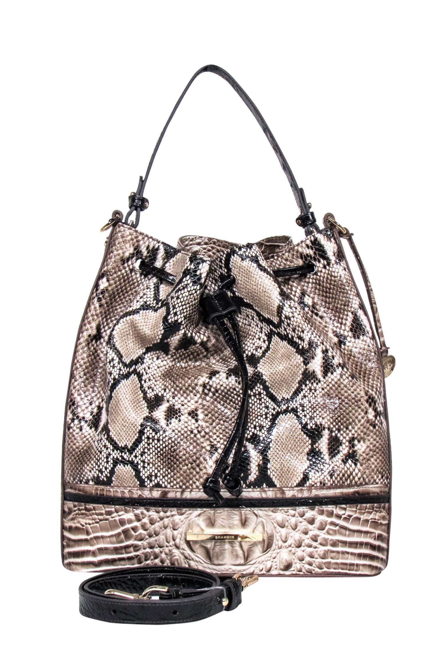 Brahmin - Stunning Beige & Black Reptile Textured Large Bucket Bag