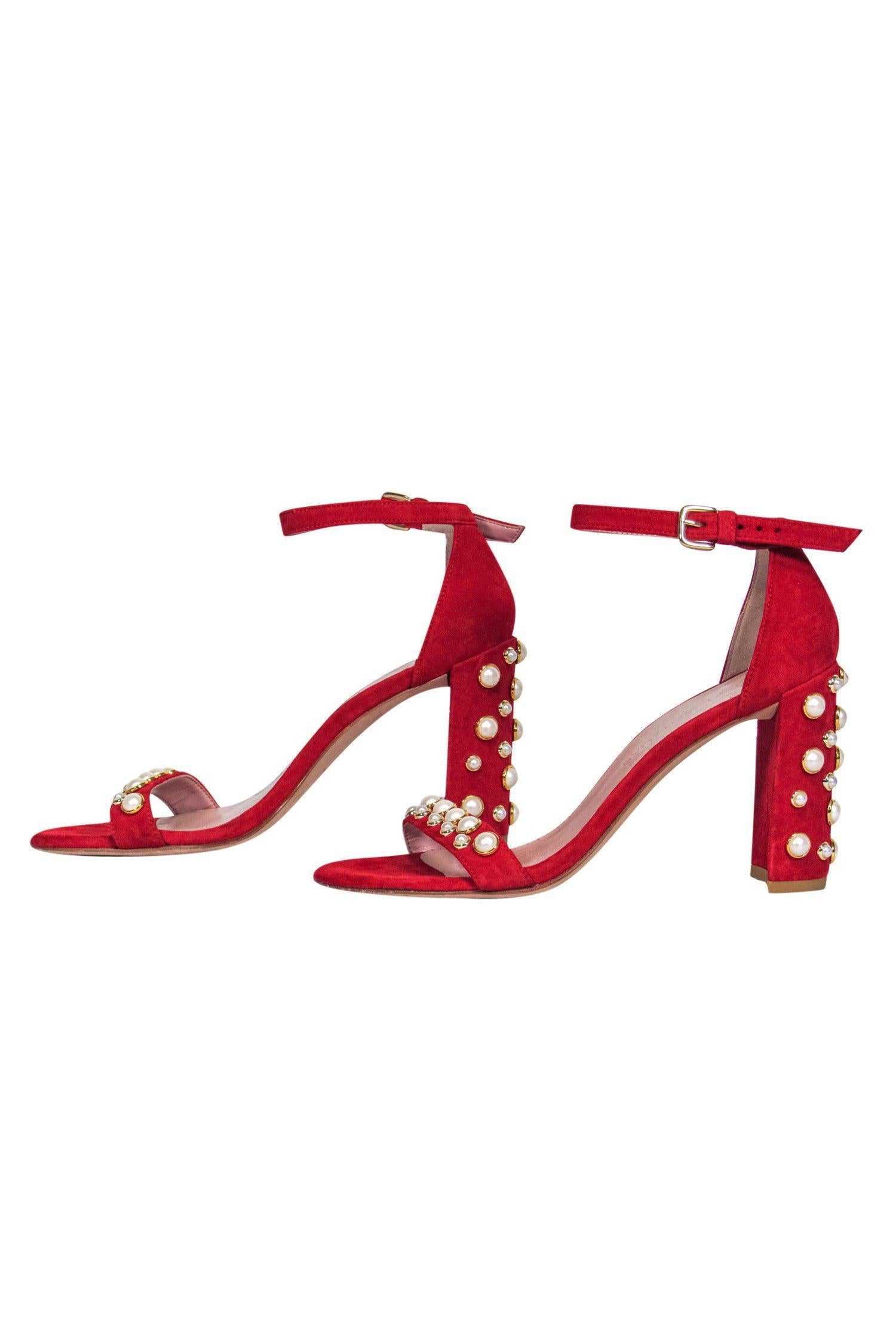 Stuart Weitzman's Glamorous Red Suede Strappy Pumps with Pearl Embellishments - Size 7.5