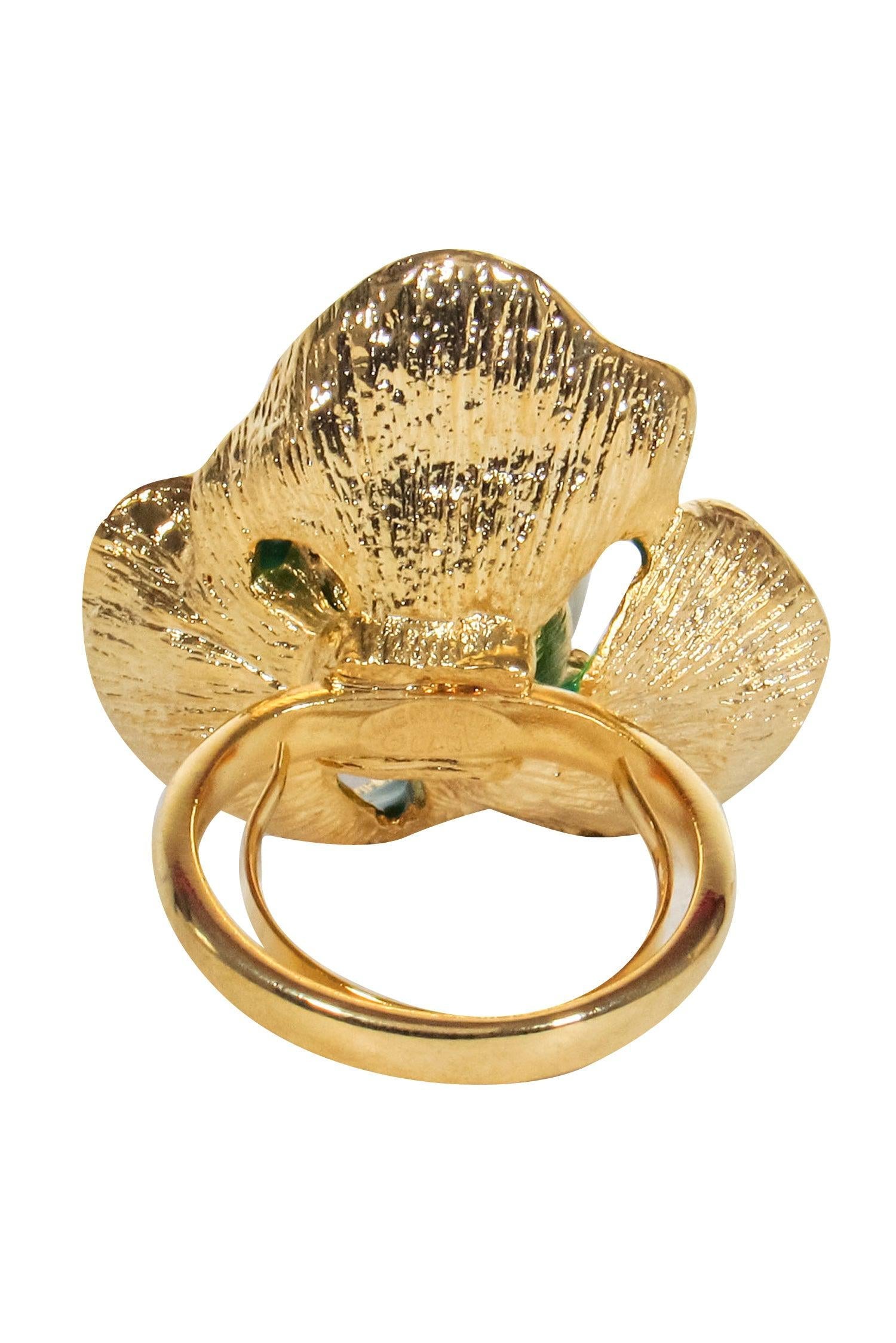 Frances Valentine's Enchanting Gold Ring with Green Flower and Pearl (Size 7)