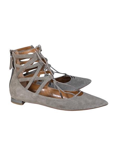 Aquazzura Grey Suede Pointed-Toe Lace-Up Flats - Size 10.5