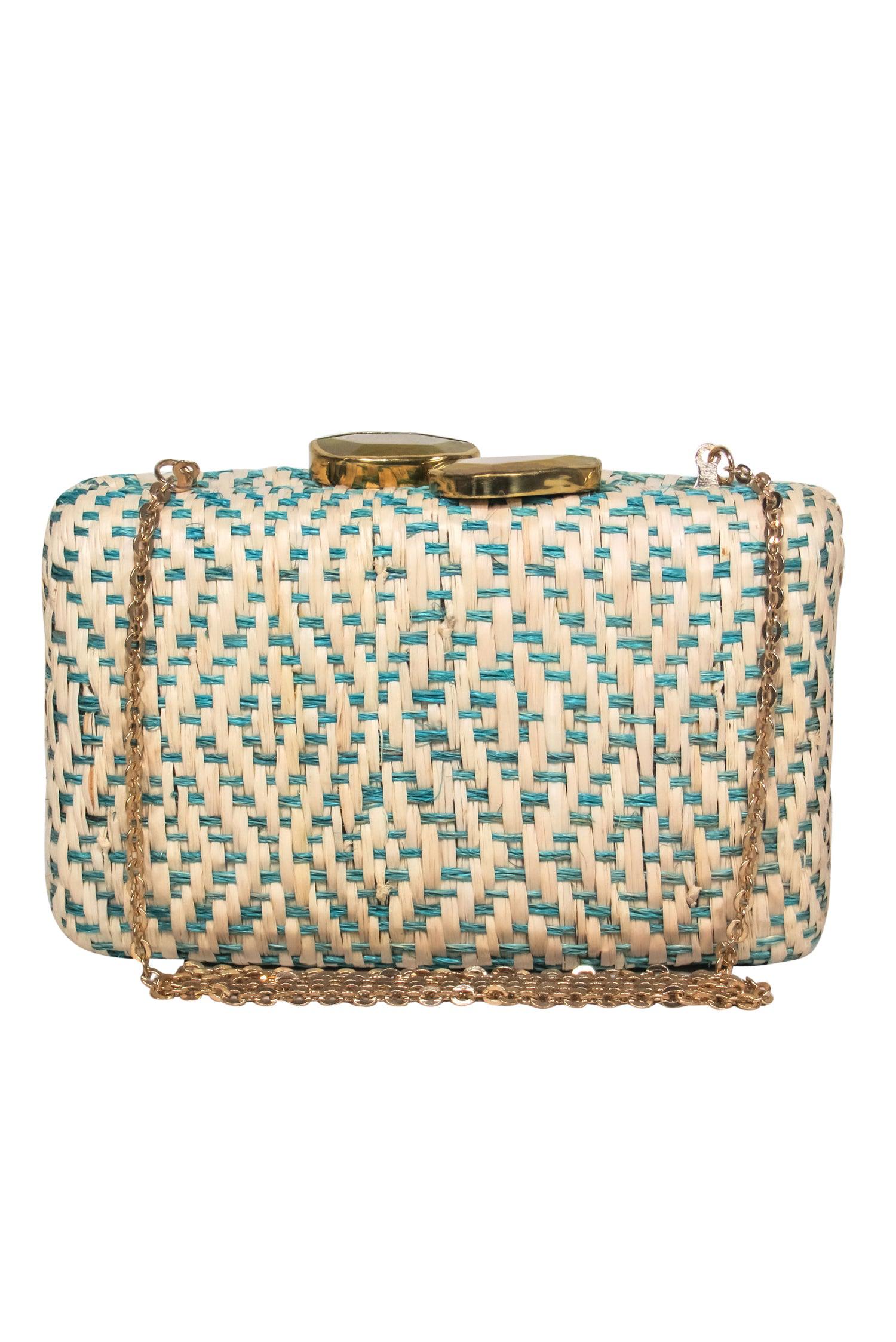 KAYU - Chic Beige & Teal Woven Wicker Crossbody with Gold Chain
