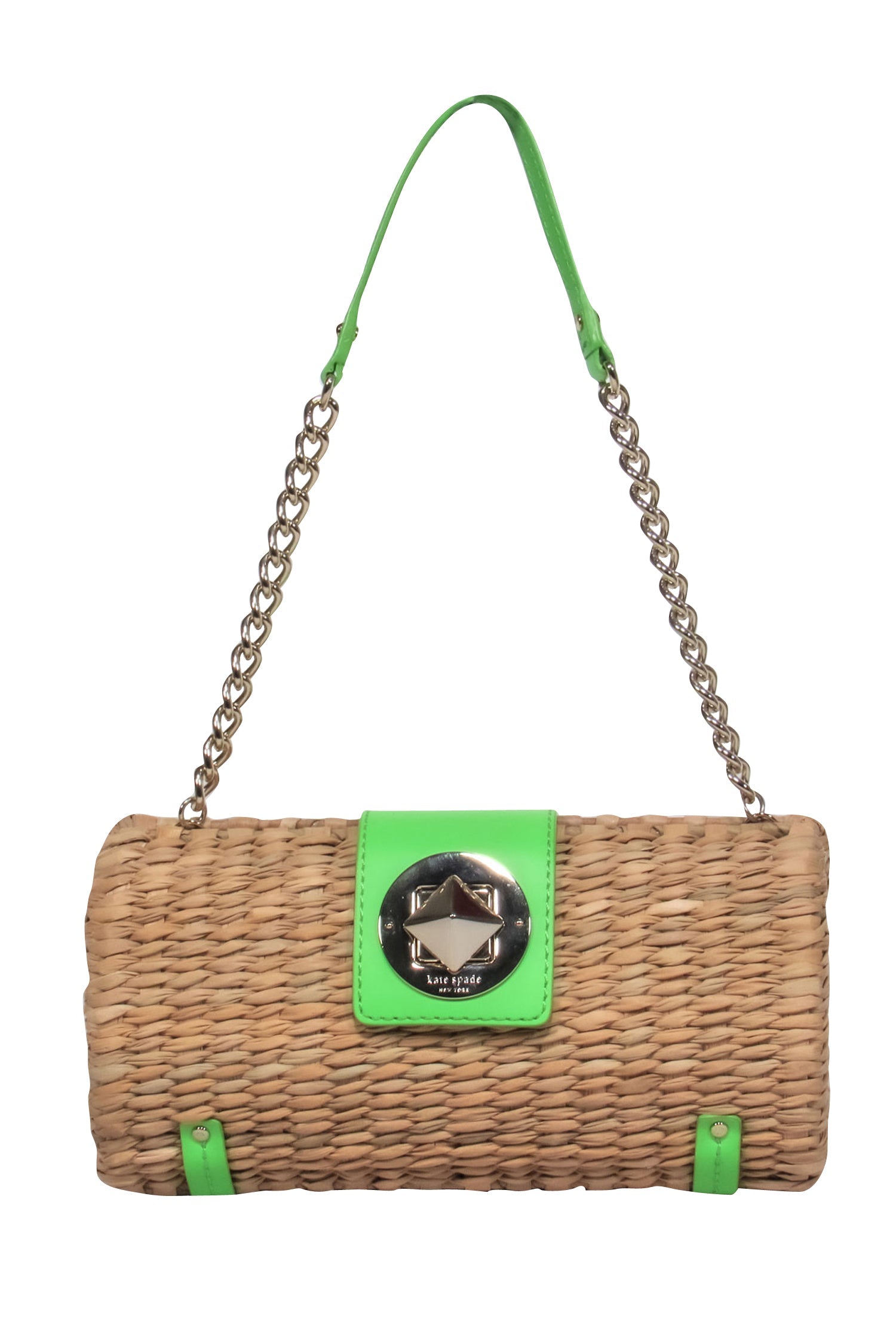 Kate Spade's Enchanting Small Wicker Handbag with Stunning Green Leather Accents