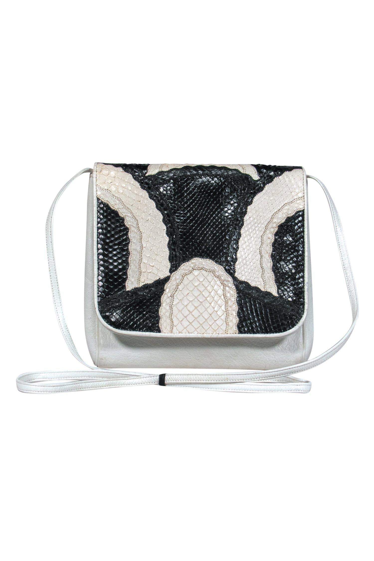 Carlos Falchi - Stunning White & Black Fold Over Crossbody with Snakeskin Patch