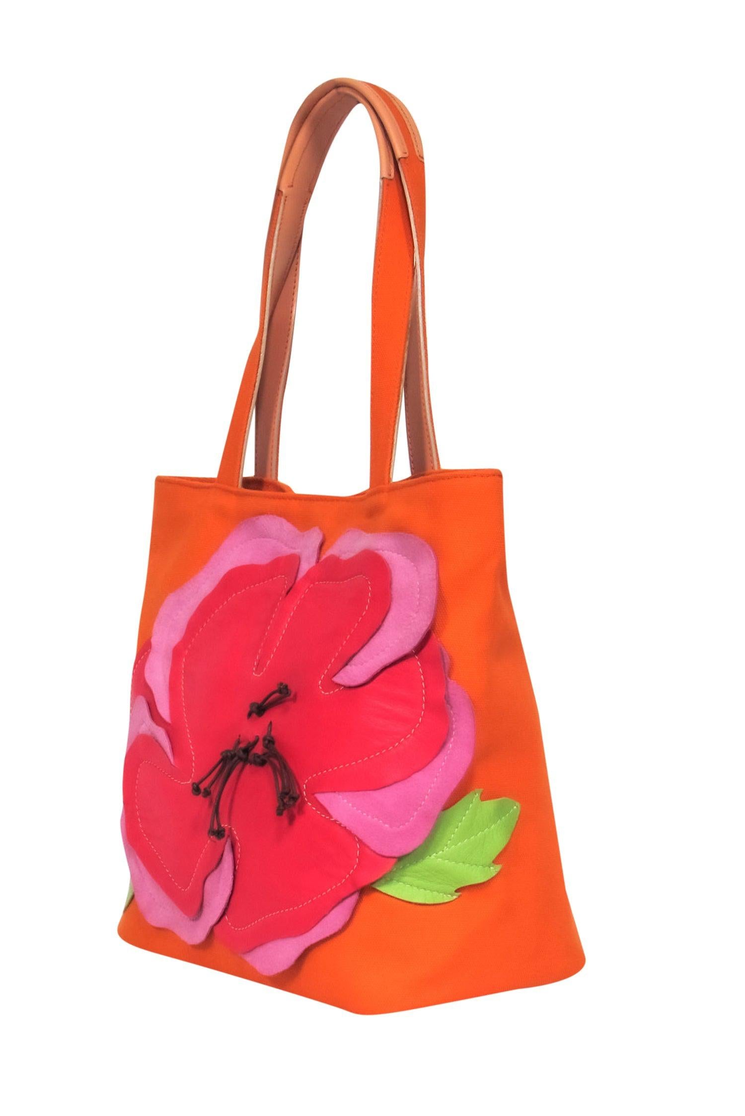 Lamarthe - Charming Small Orange Canvas Tote with Floral Applique