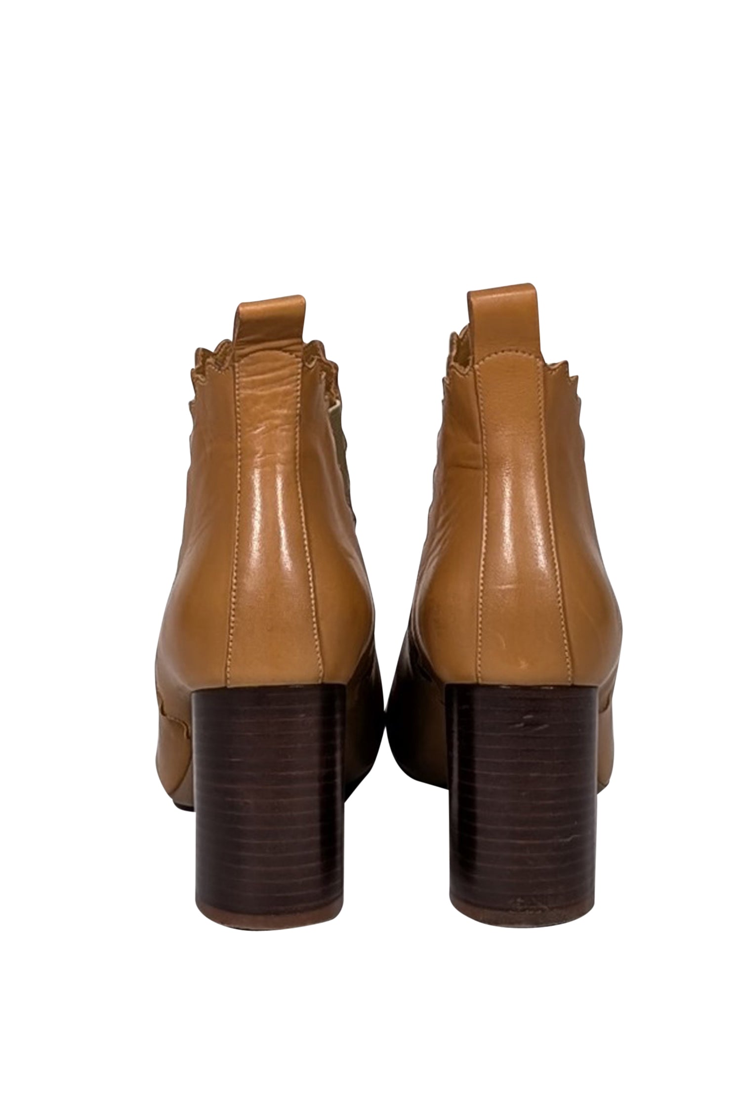 Chloe's Irresistible Tan Leather Scalloped Trim Chelsea Short Boots - Size 8.5