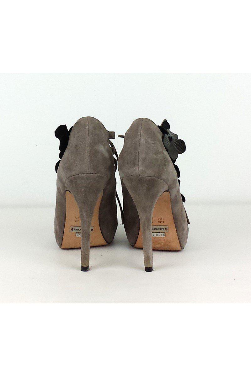 Menbur Gray Suede Floral Detail Lace - Up Peep - Toe Heels in Size 8.5