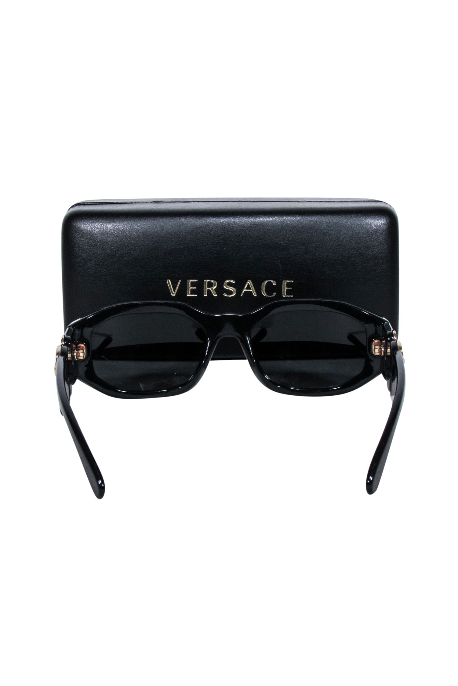 Versace - Stunning Black Rectangular Sunglasses with Gold Head Logo Sides