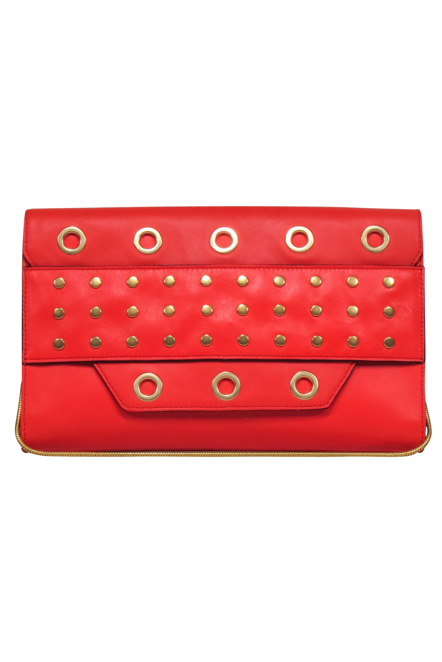 Milly Red Leather Clutch with Gold Grommets and Chain Strap - A Bold Fashion Statement