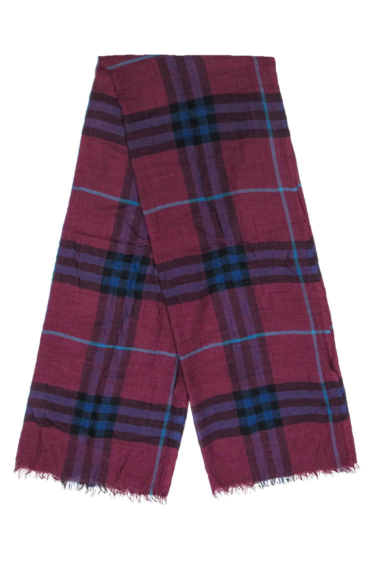 Burberry's Stunning Maroon, Navy & Teal Plaid Lightweight Scarf with Eyelash Fringe