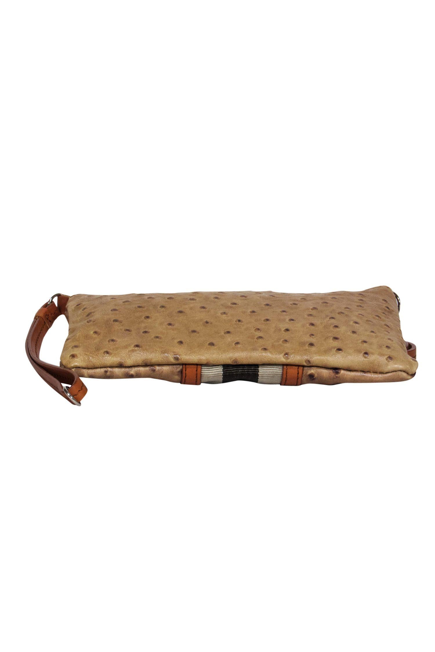 Furla - Chic Taupe Ostrich Leather Mini Convertible Wristlet for Stylish Outings