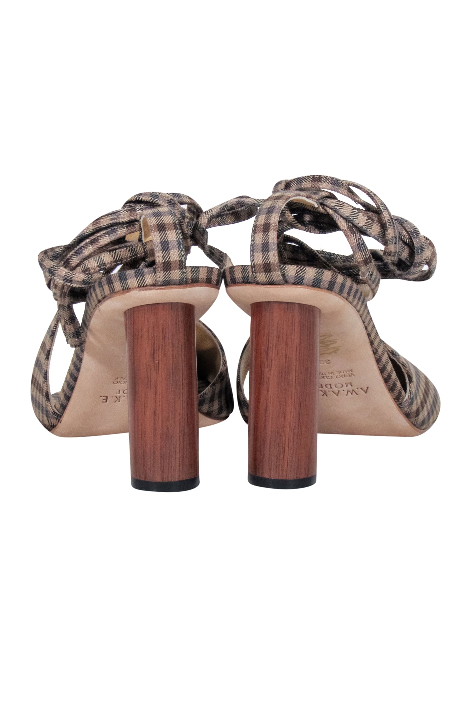 A.W.A.K.E. Mode 'Geraldine' Brown & Beige Gingham Asymmetric Open-Toe Heels - Size 8