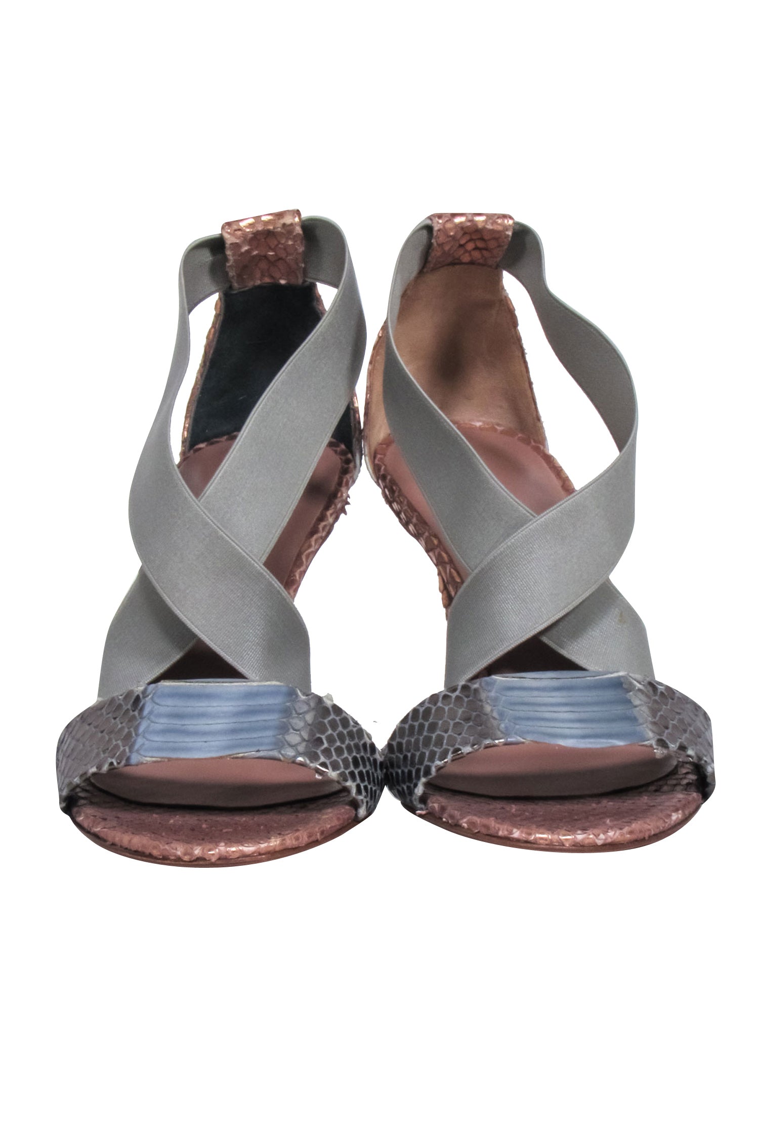 Claudia Ciuti Rose Gold & Grey Snakeskin Strappy Sandals - Size 6.5