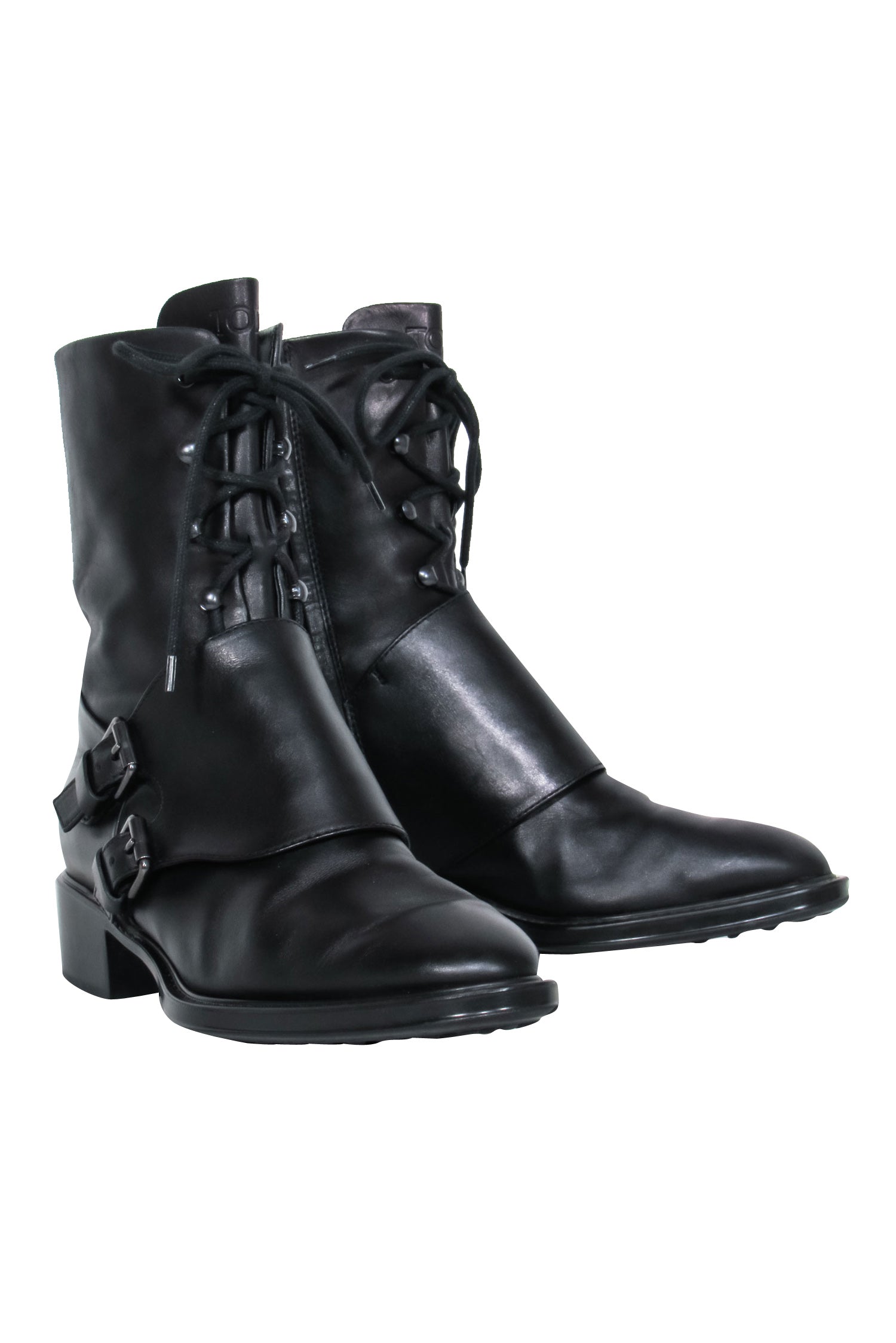 Tod's Black Lace-Up & Double Buckle Combat Boots - Size 8
