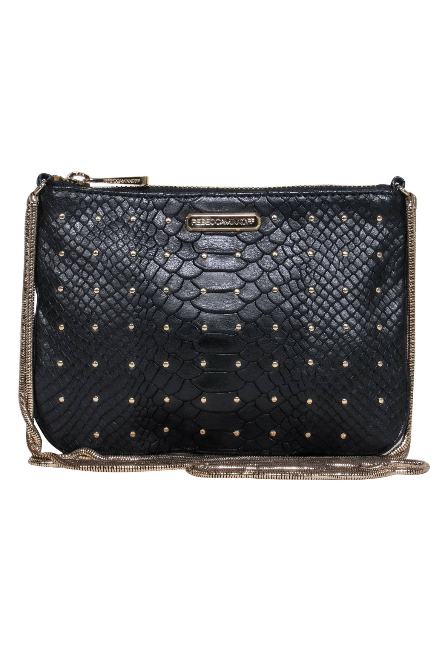 Rebecca Minkoff Black Studded Reptile Leather Crossbody with Double Chain Strap - The Ultimate Daytime Essential